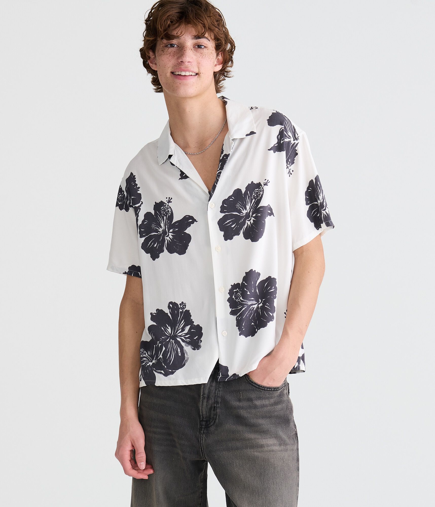 Hibiscus Print Boxy Camp Shirt