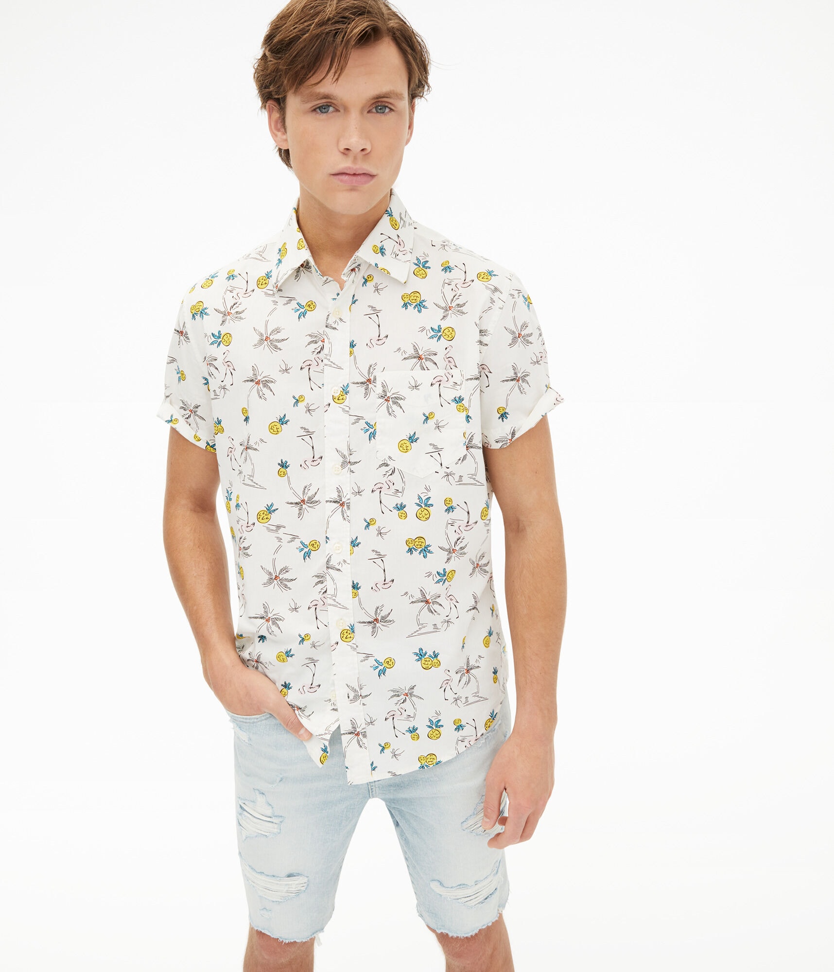 Flamingo Pineapple Print Button-Down Shirt
