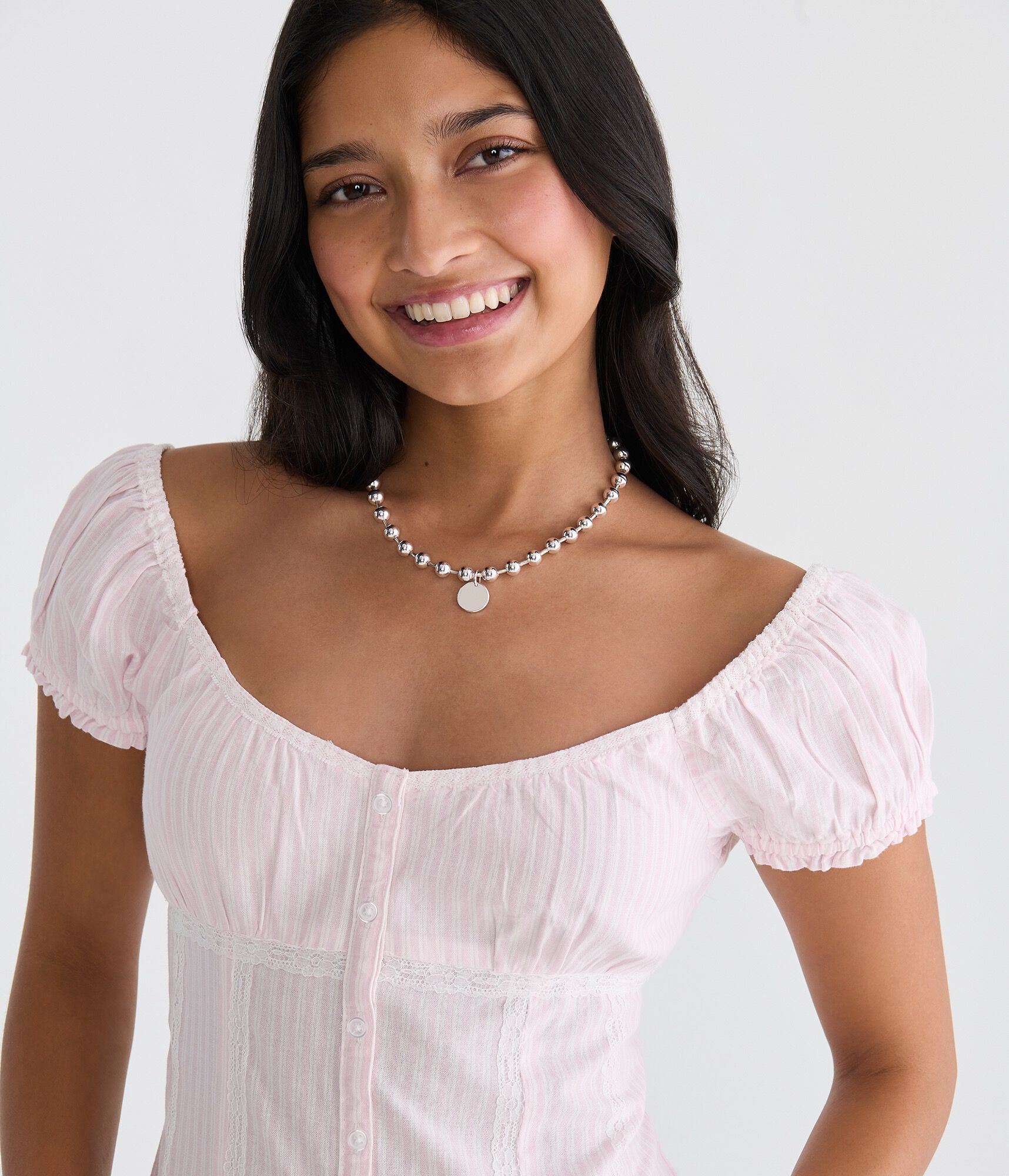 Striped Button-Front Scoop-Neck Blouse