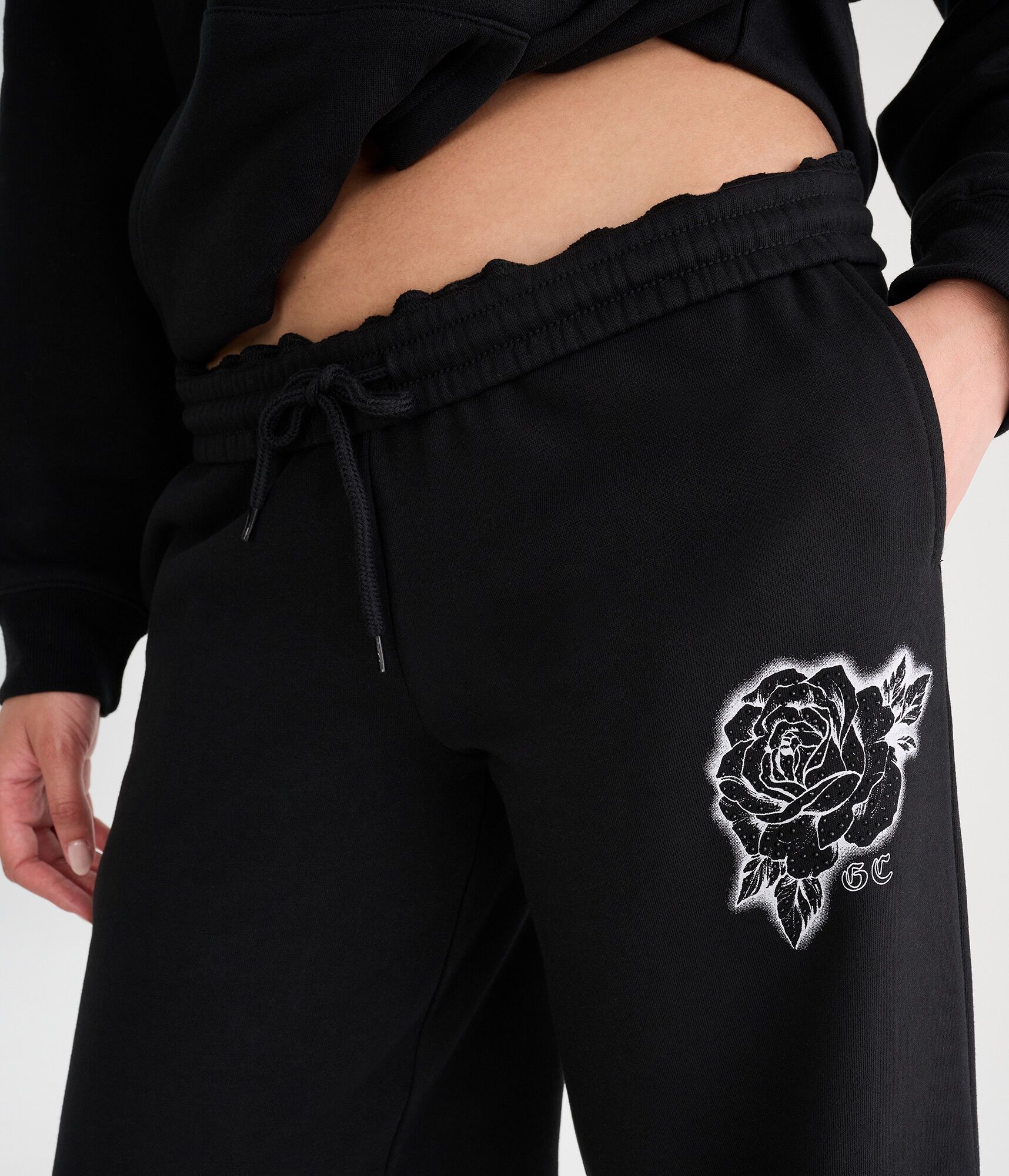 D&eacute;j&agrave; For Aero Rhinestone Rose Mid-Rise Wide Leg Sweatpants