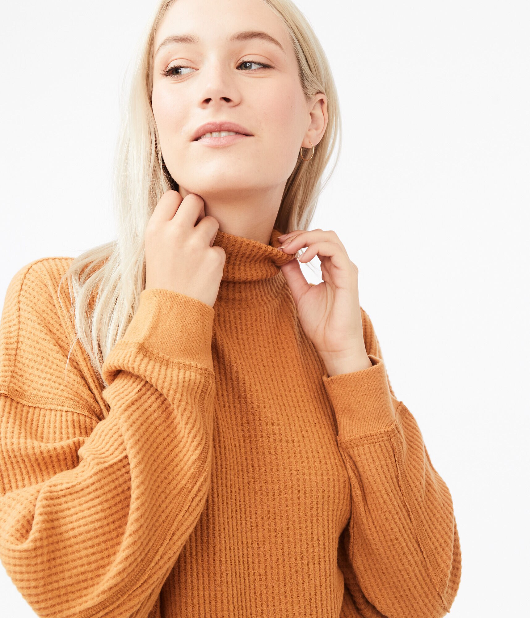 Long Sleeve Oversized Waffle-Knit Mock-Neck Top