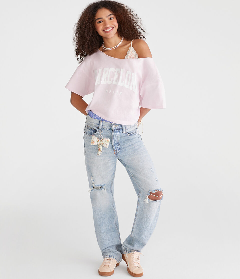 Barcelona Off-The-Shoulder Cropped Boyfriend Graphic Tee