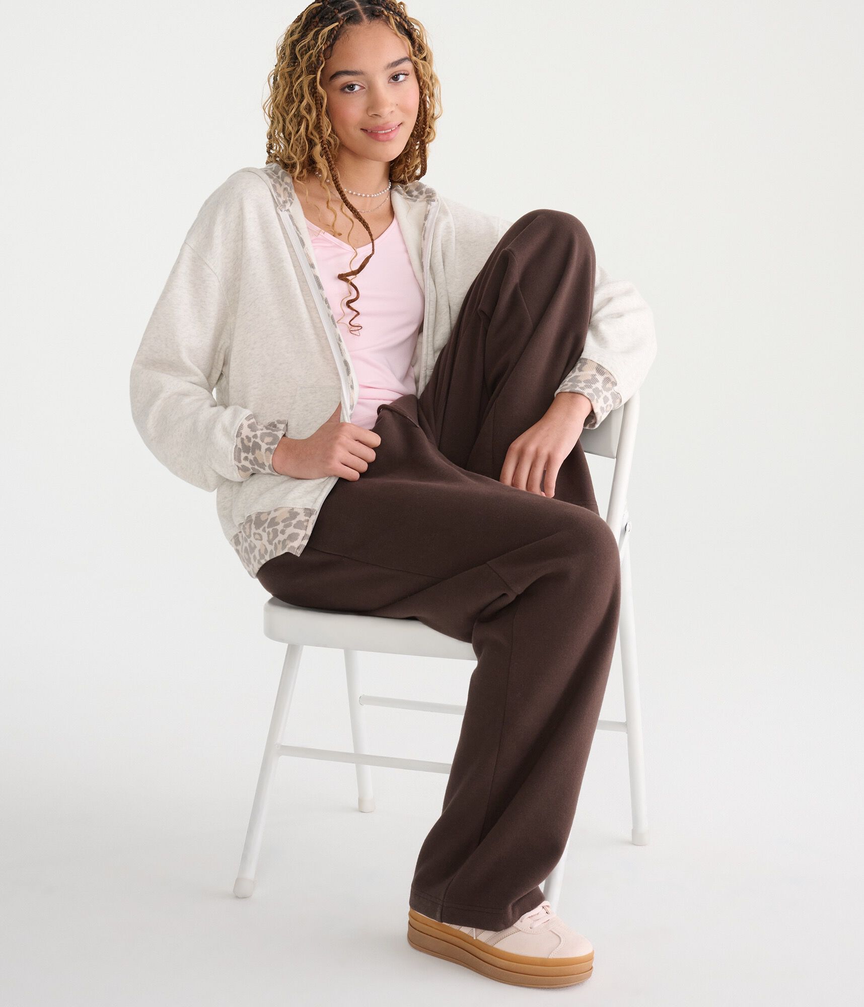 Cloud Soft Leopard-Trim Oversized Full-Zip Hoodie