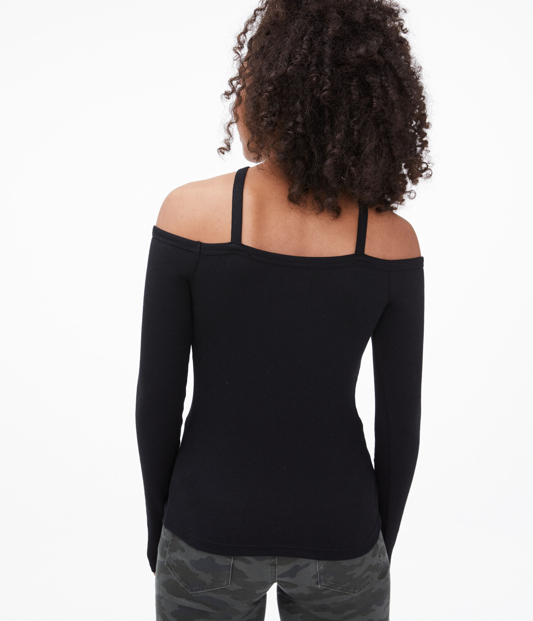Long Sleeve Cold-Shoulder Diamond-Neck Bodycon Top
