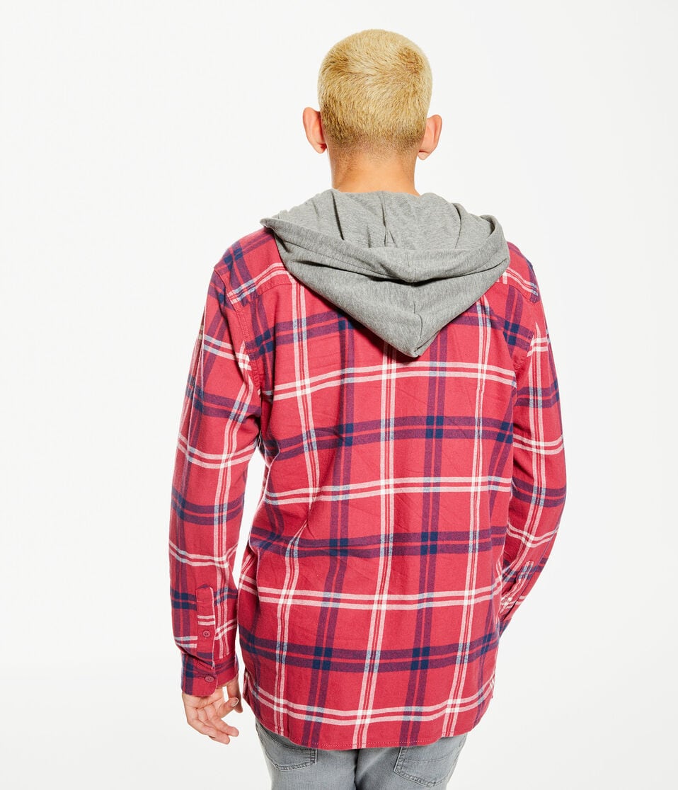 Long Sleeve Plaid Flannel Hooded Button-Down Shirt