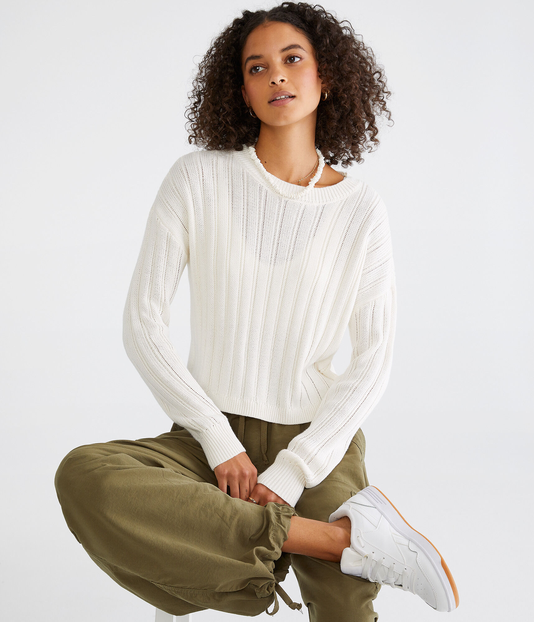 Ribbed Cropped Crew Sweater