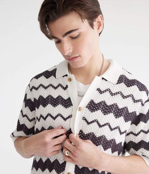 Chevron Crocheted Buttoned Sweater Polo Chevron Crocheted Buttoned Sweater Polo