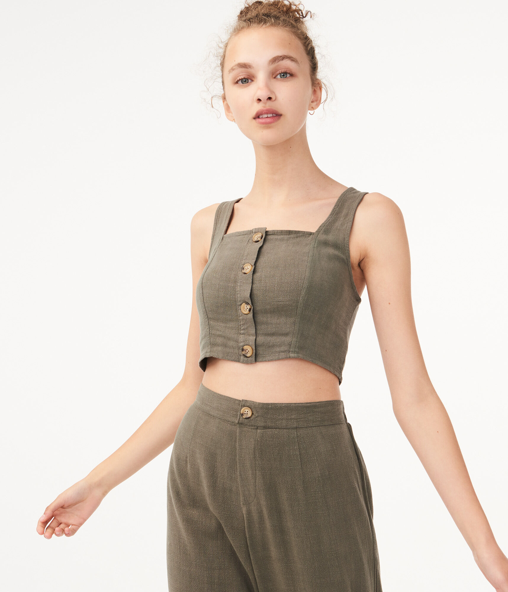 zara linen blend crop top with buttons