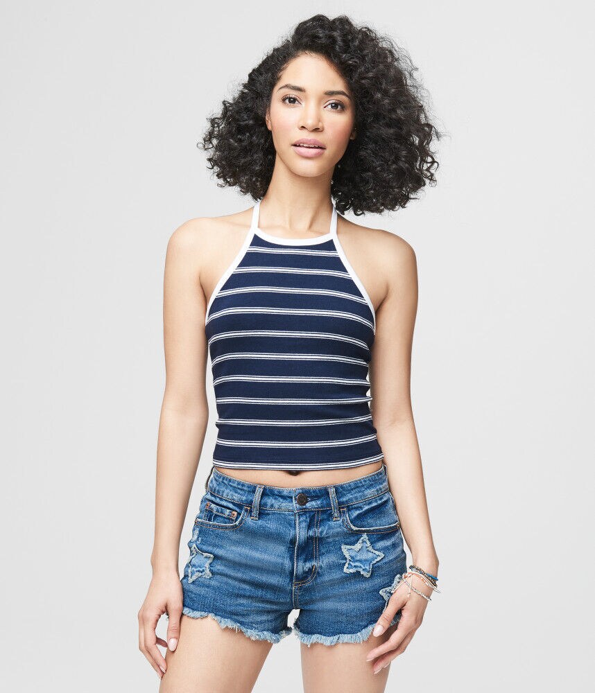 Navy Blue Striped Halter Crop Top