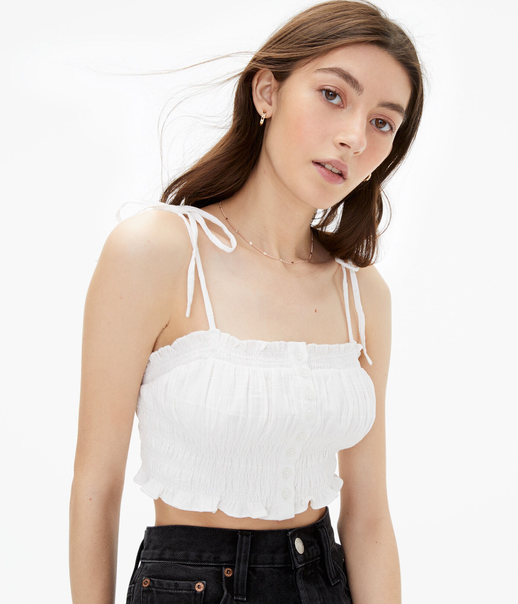 Smocked Button-Front Cropped Tie Tank