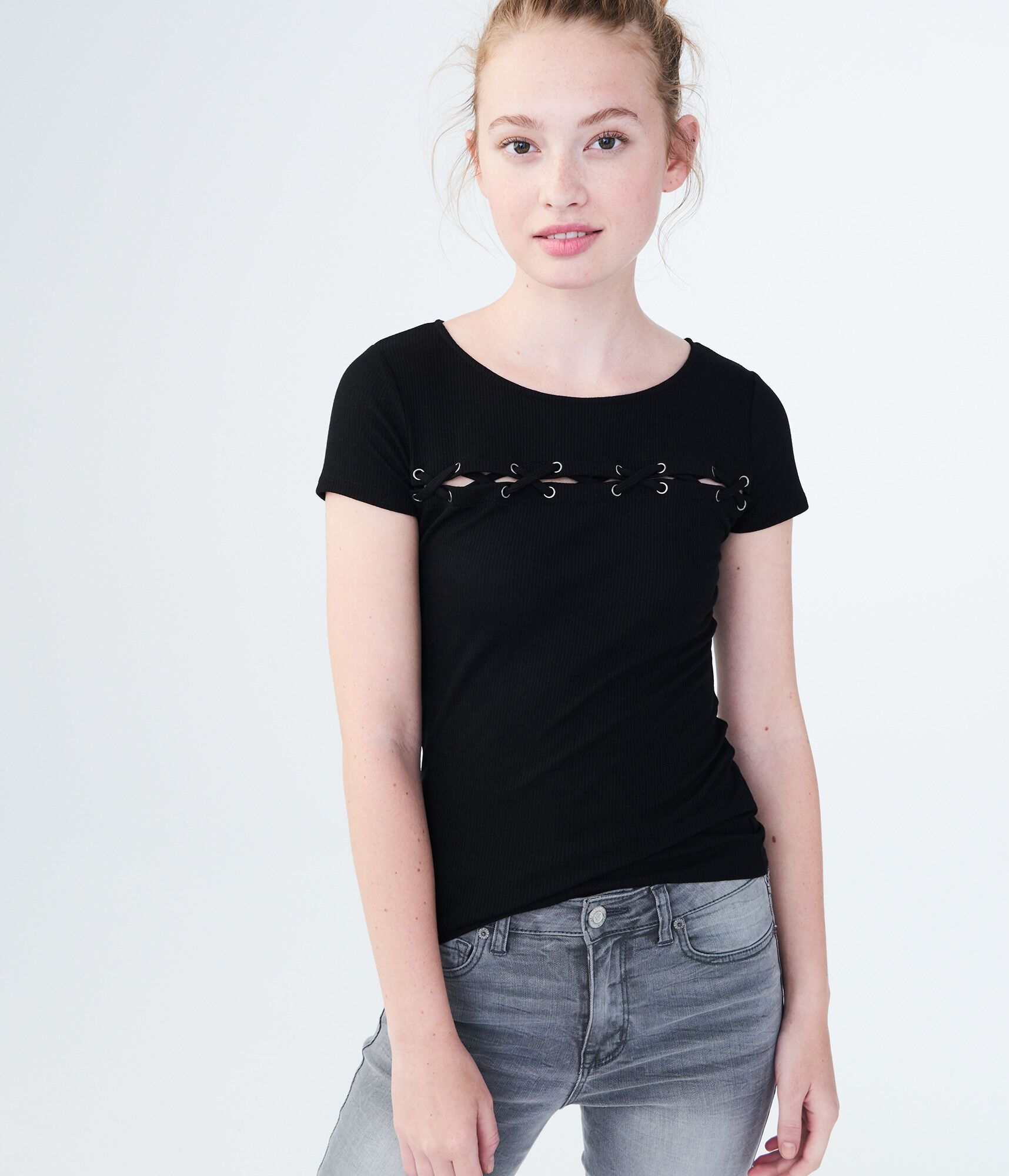 Lace-Up Yoke Bodycon Top