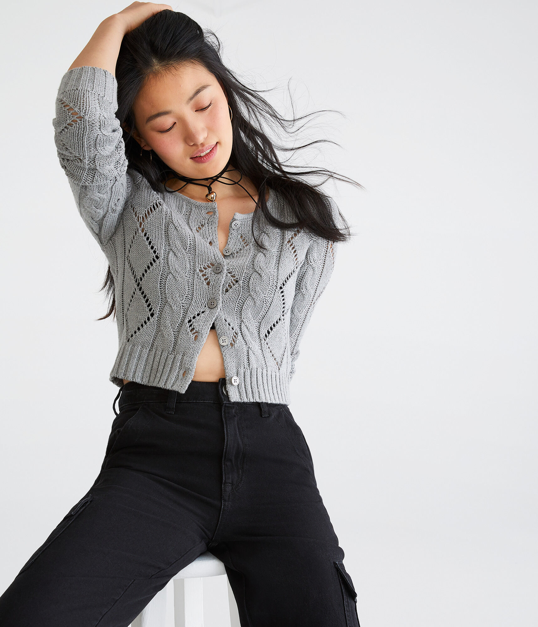 Long Sleeve Cropped Pointelle Cardigan