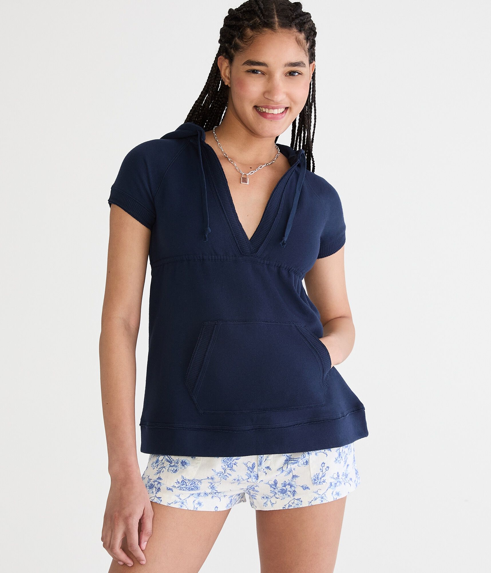 Short Sleeve Babydoll Tie-Back V-Neck Fleece Hoodie