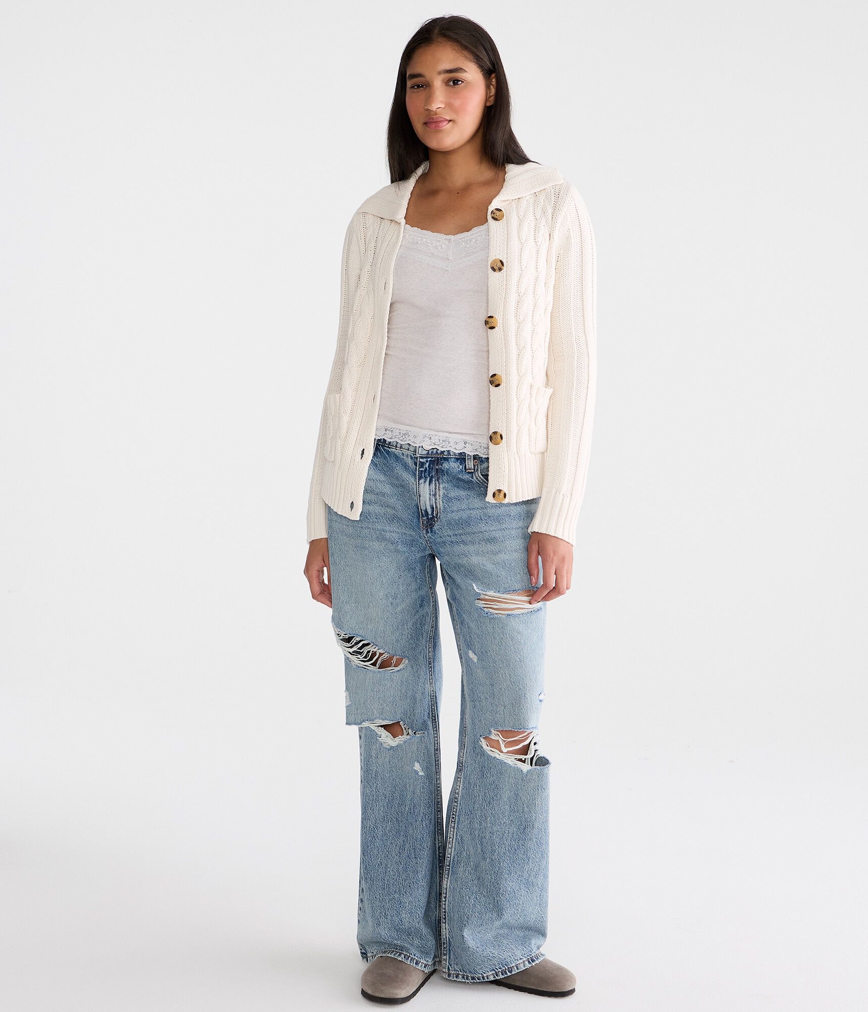 Cable Collar Button-Front Cardigan