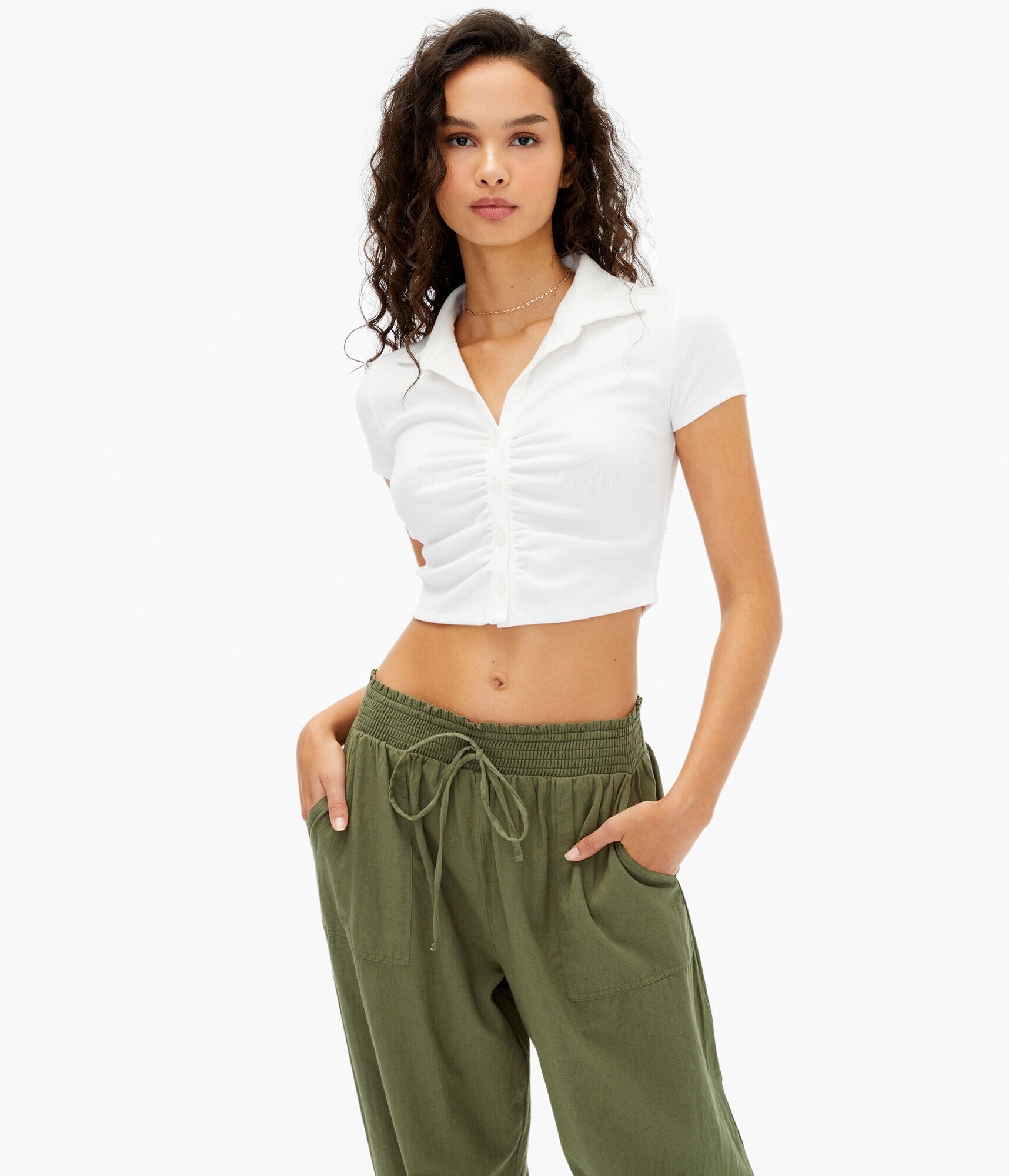Ruched Button-Front Cropped Polo