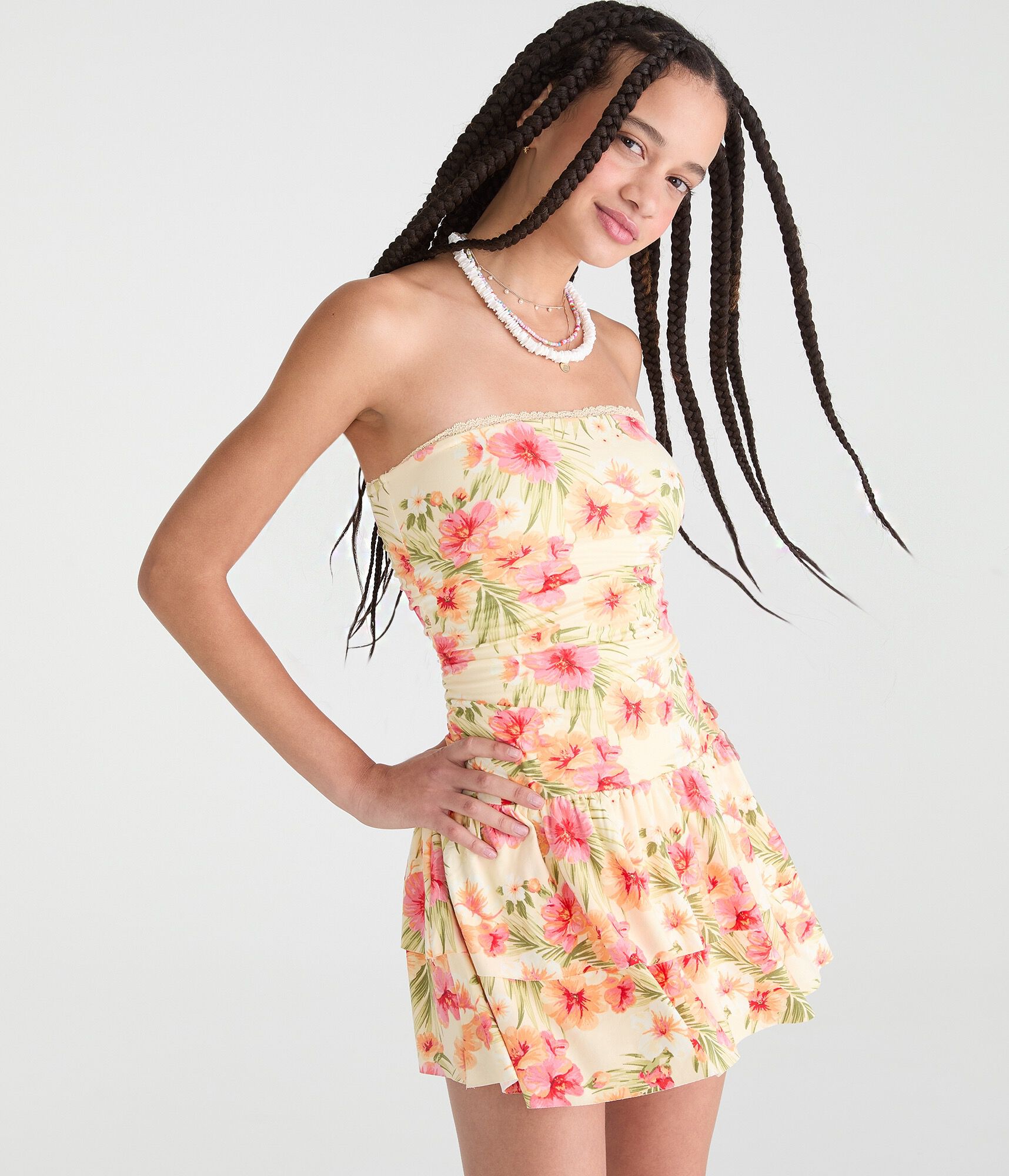 Floral Strapless Drop-Waist Mini Dress