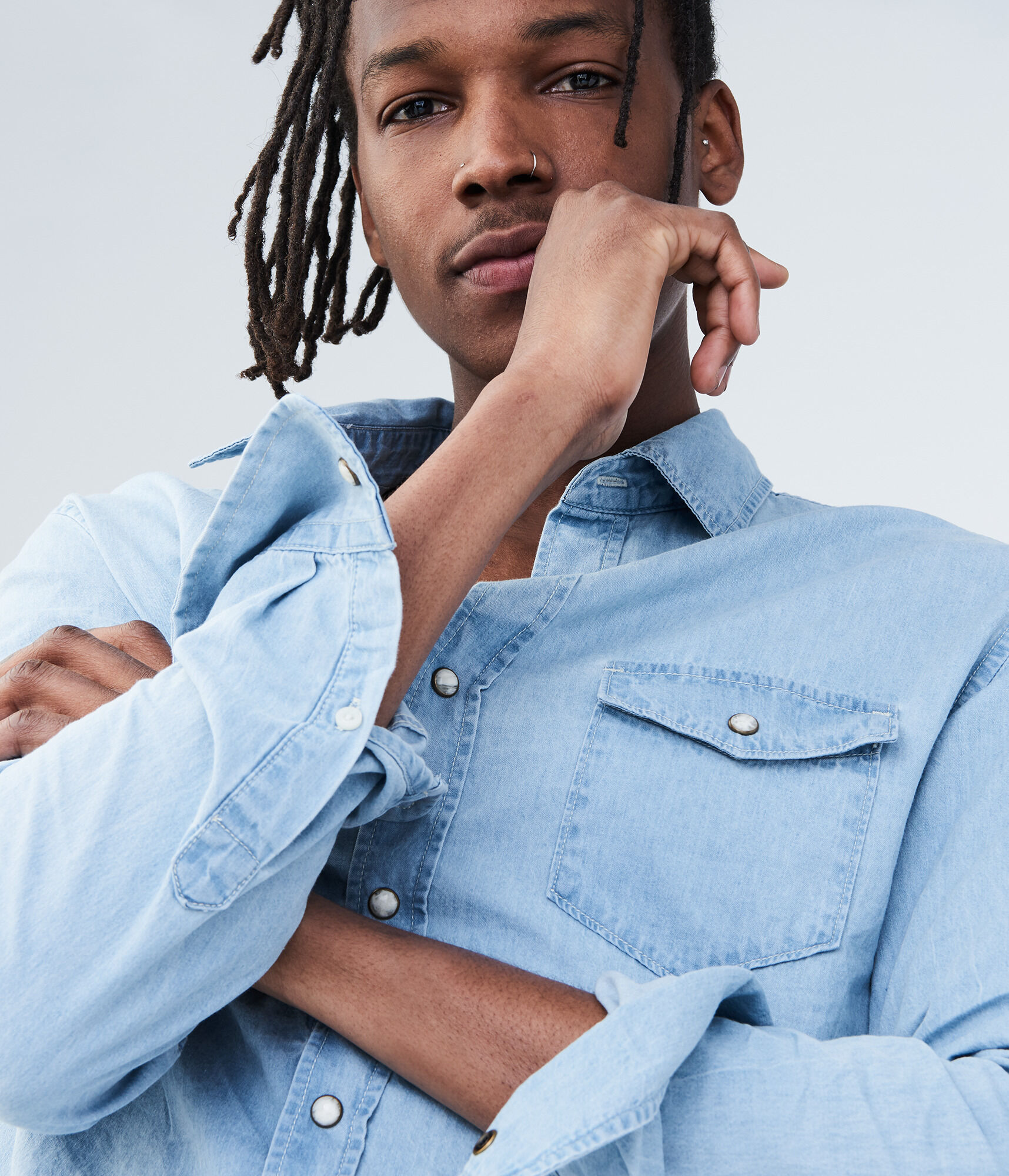 Long Sleeve Light Wash Denim Woven Shirt