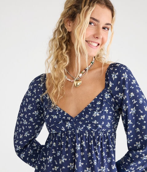 Long Sleeve Floral Lace & Pleats V-Neck Peasant Top Long Sleeve Floral Lace & Pleats V-Neck Peasant Top
