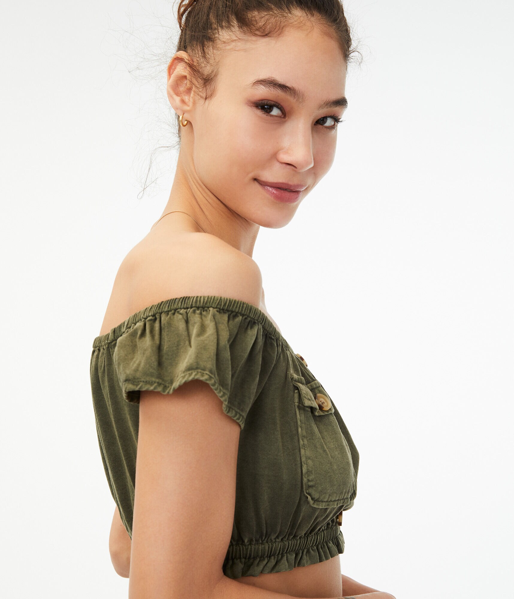Buttoned Off-The-Shoulder Crop Top