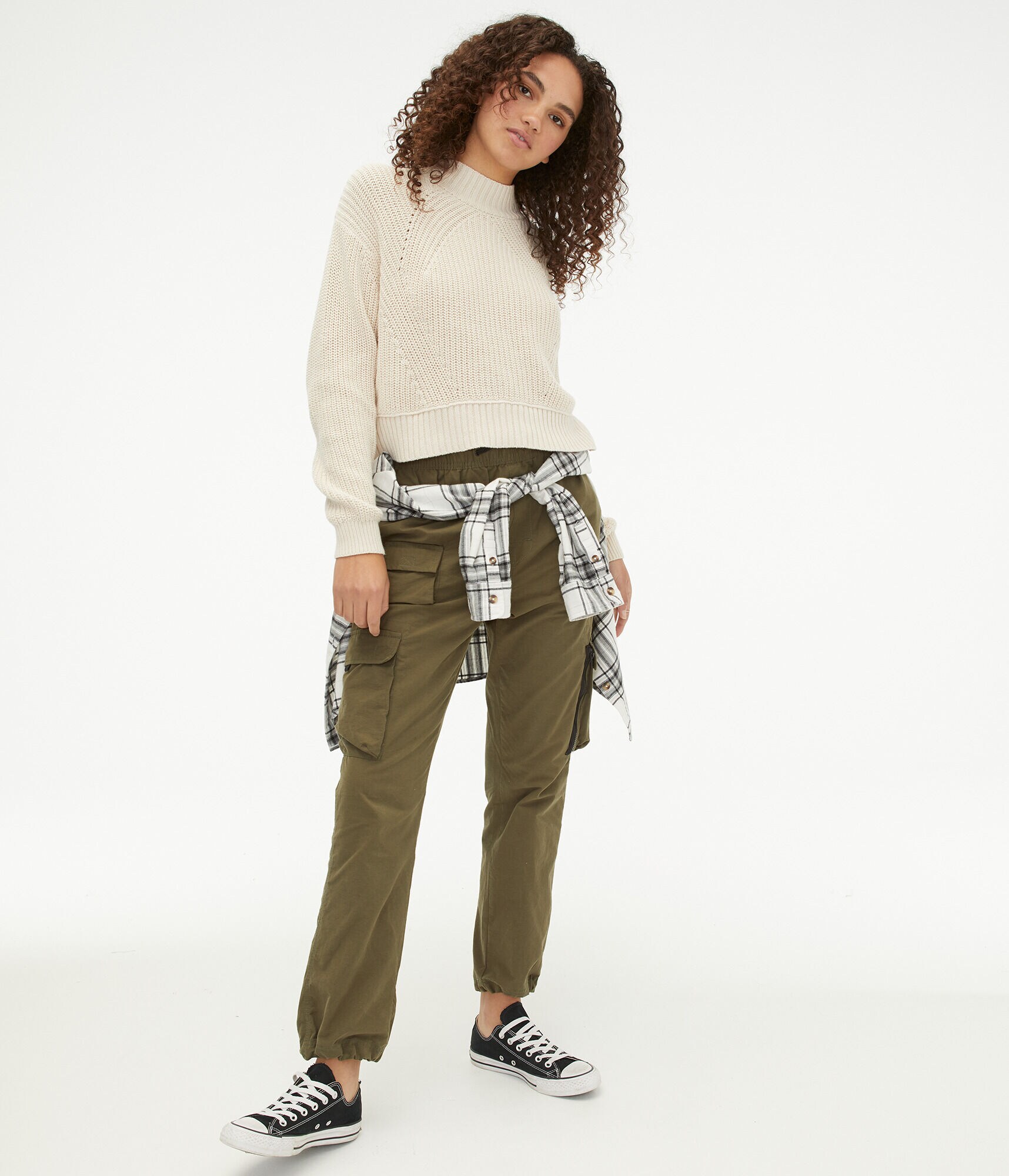 Ribbed Cropped Mock-Neck Sweater