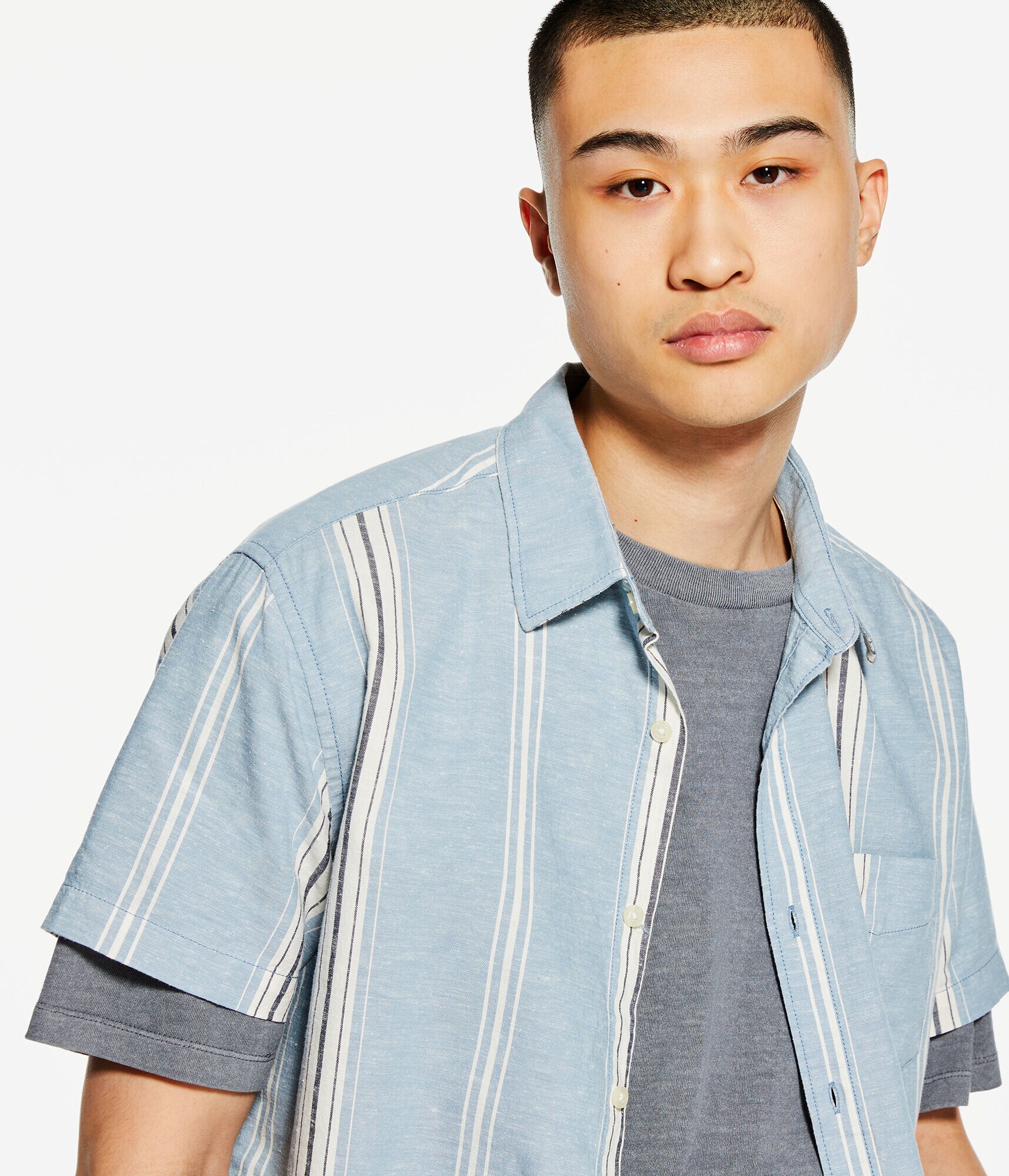 Relaxed Vertical Stripe Hemp Button-Down Shirt