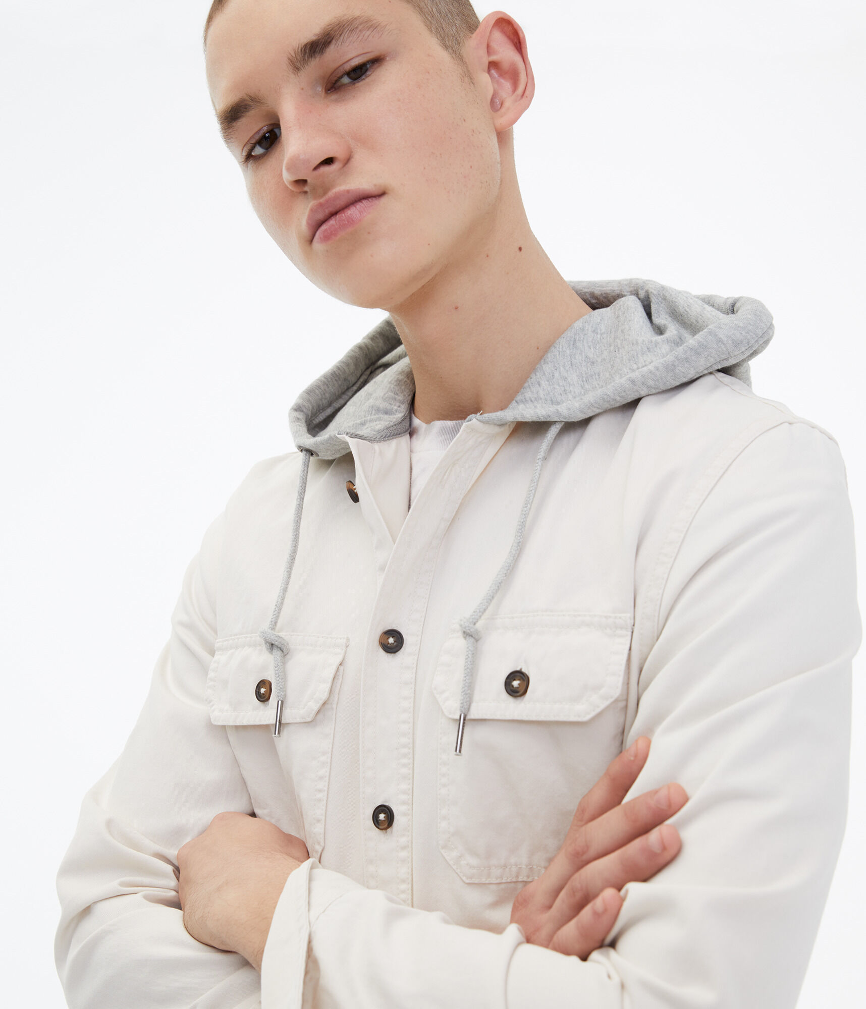 Long Sleeve Hooded Twill Button-Down Shirt