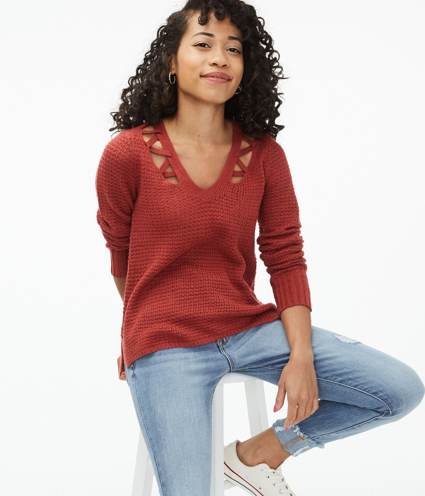 Laced-Up Shoulder V-Neck Sweater
