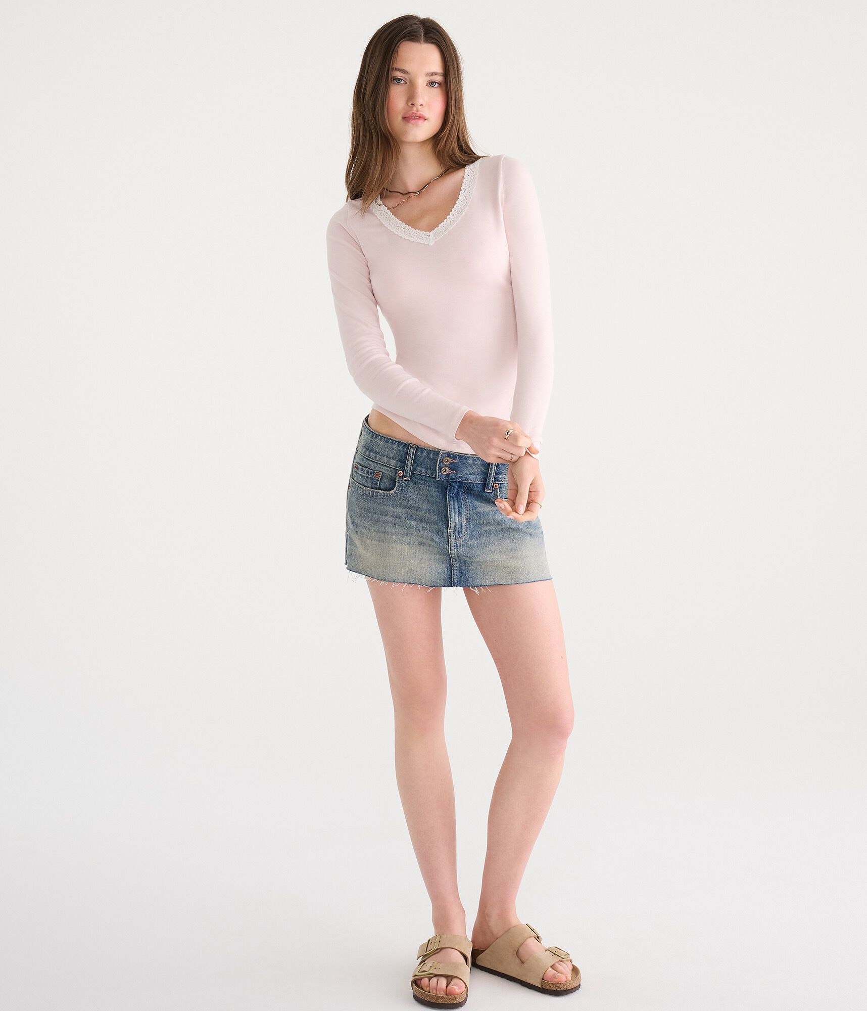 Long Sleeve Seriously Soft Lace-Trim V-Neck Tee