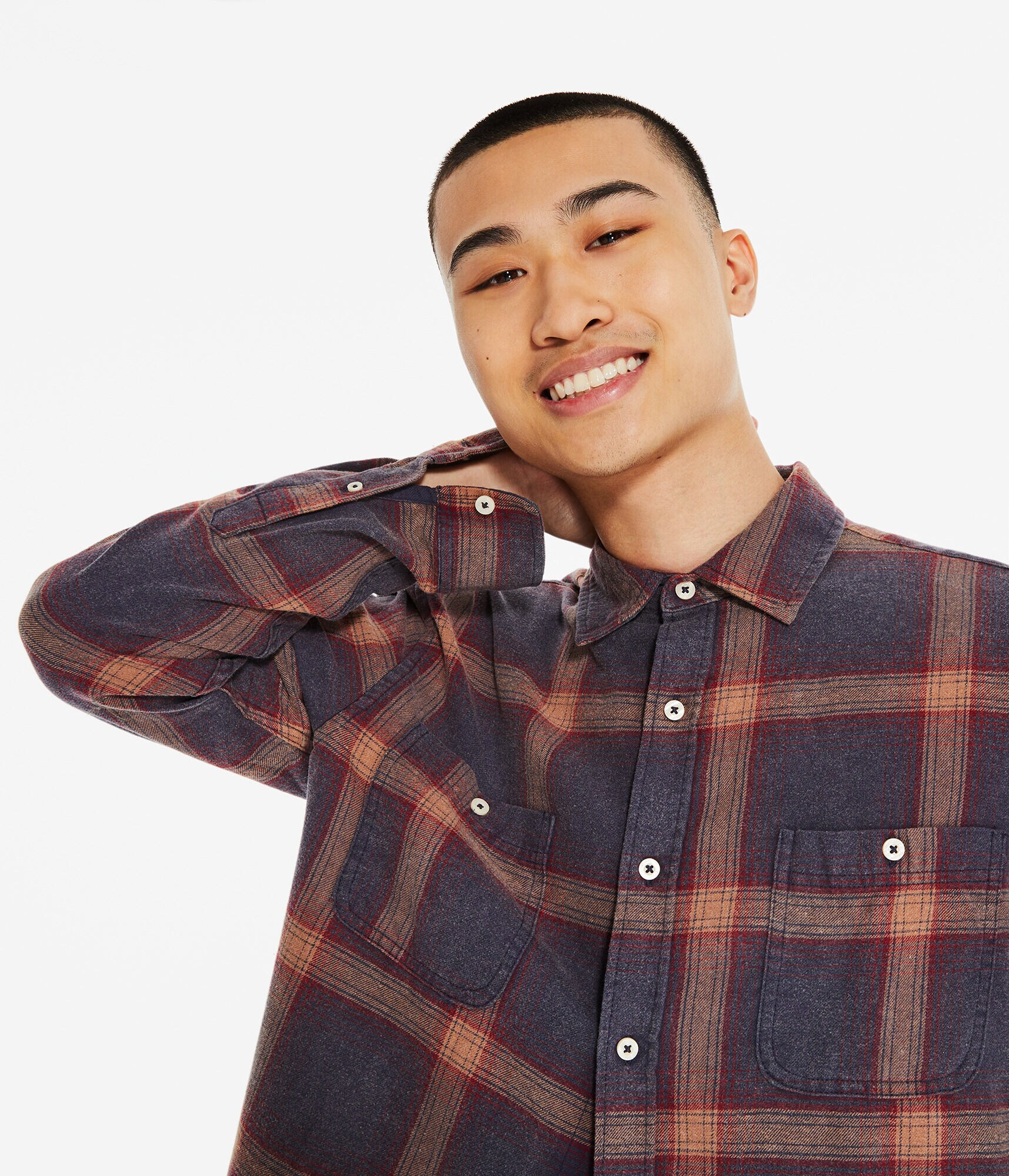 Long Sleeve Relaxed Washed Plaid Flannel Button-Down Shirt