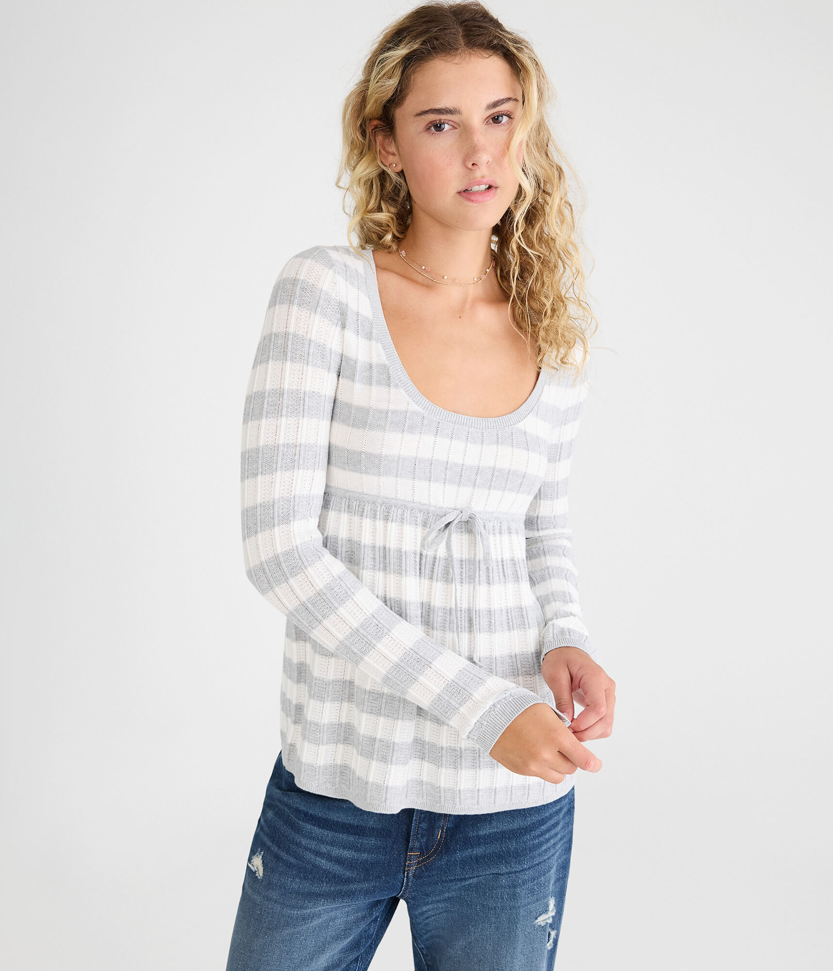 Striped Rib Scoop-Neck Babydoll Sweater