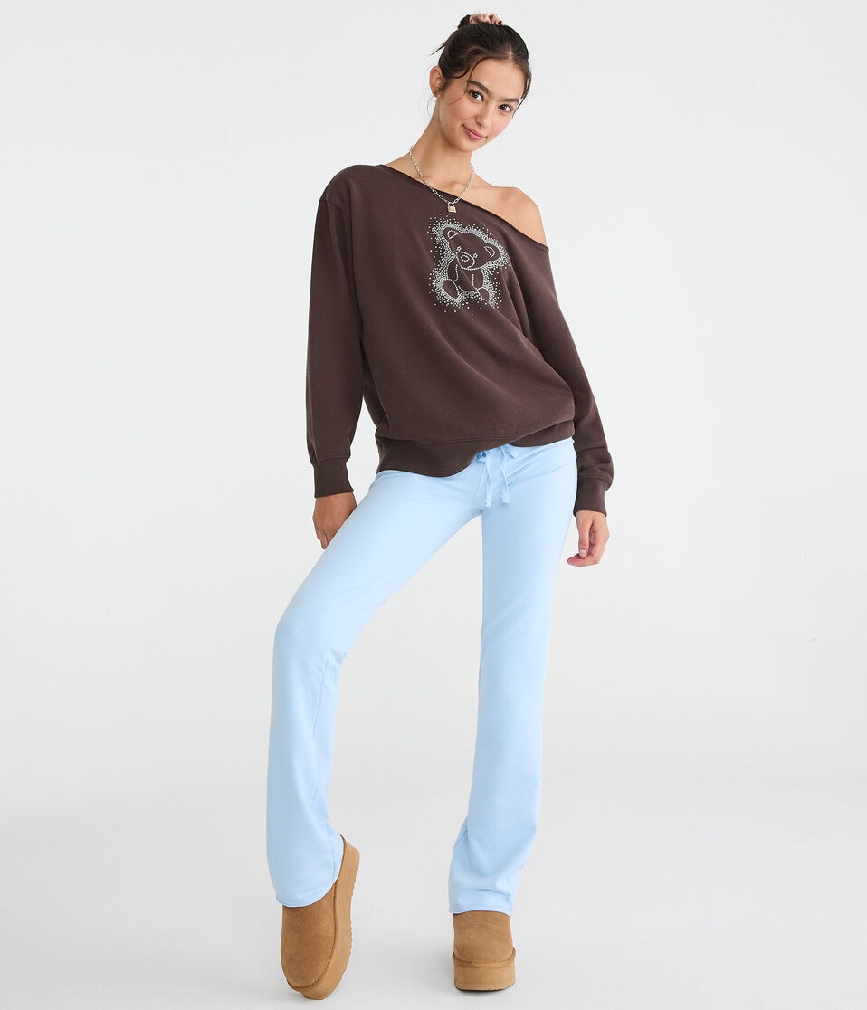 Cloud Soft Rhinestone Teddy Off-The-Shoulder Sweatshirt