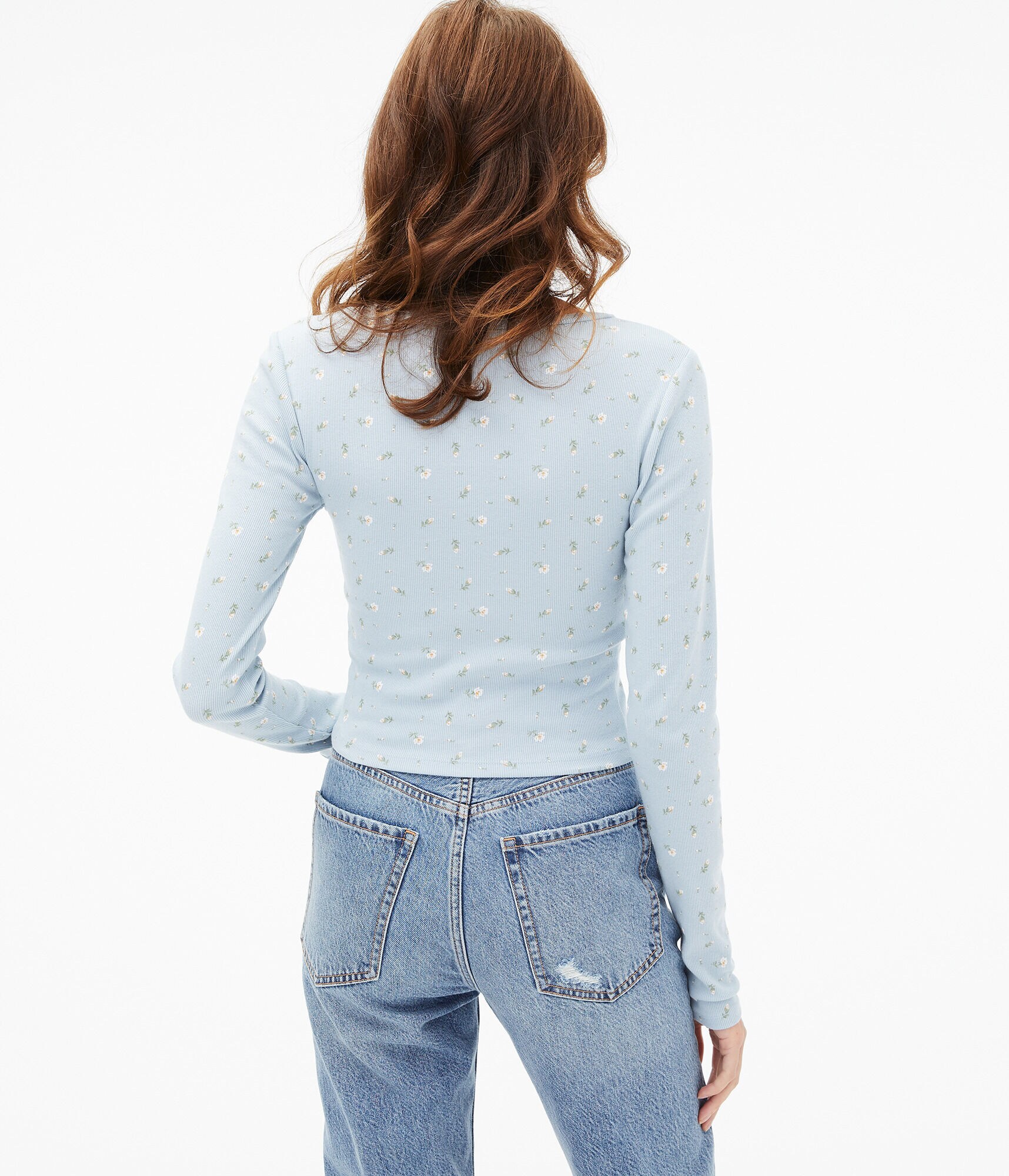 Long Sleeve Floral Cropped Henley Shrunken Tee