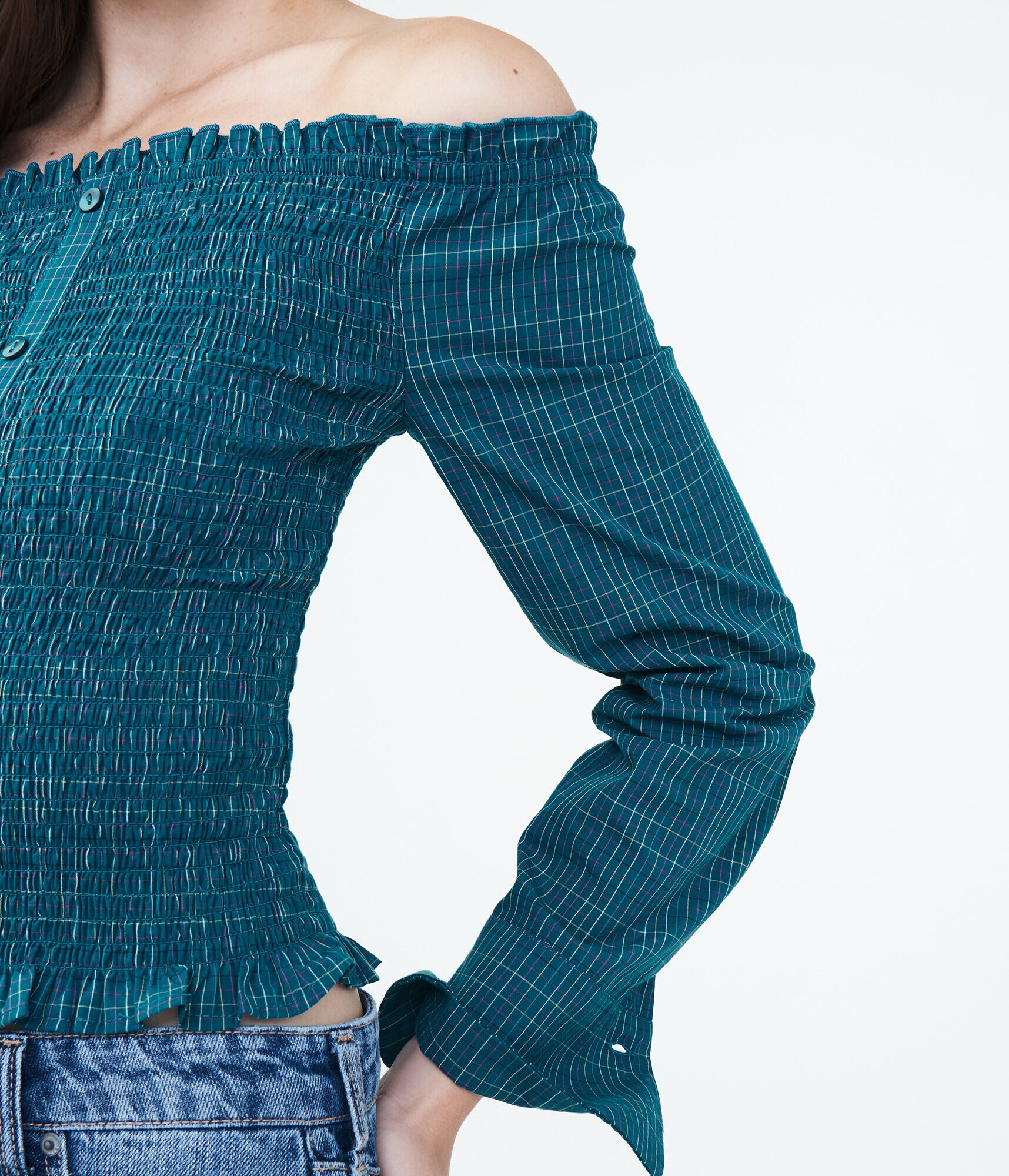 Long Sleeve Plaid Smocked Off-The-Shoulder Top