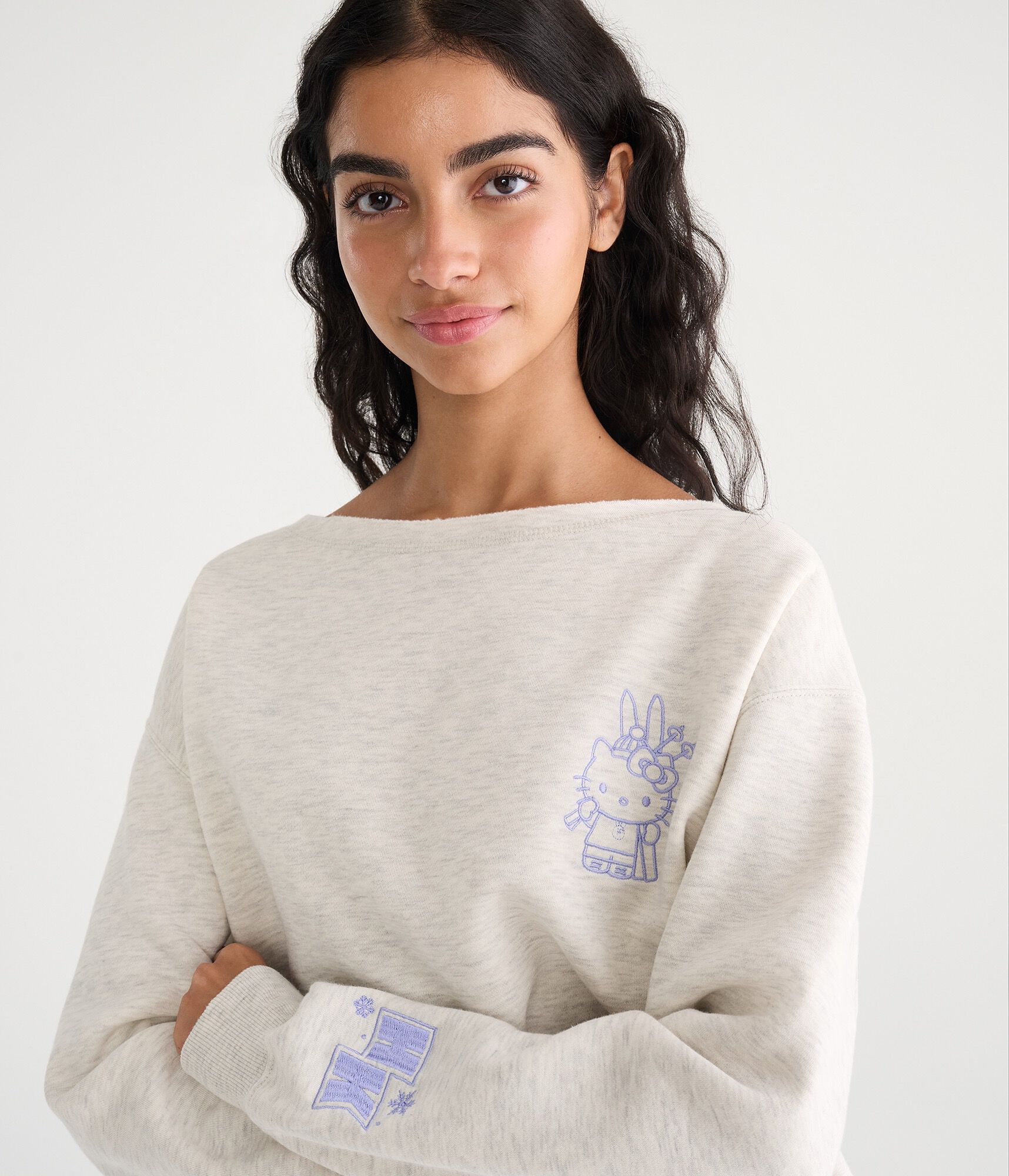 Hello Kitty Skiing Oversized Off-The-Shoulder Sweatshirt