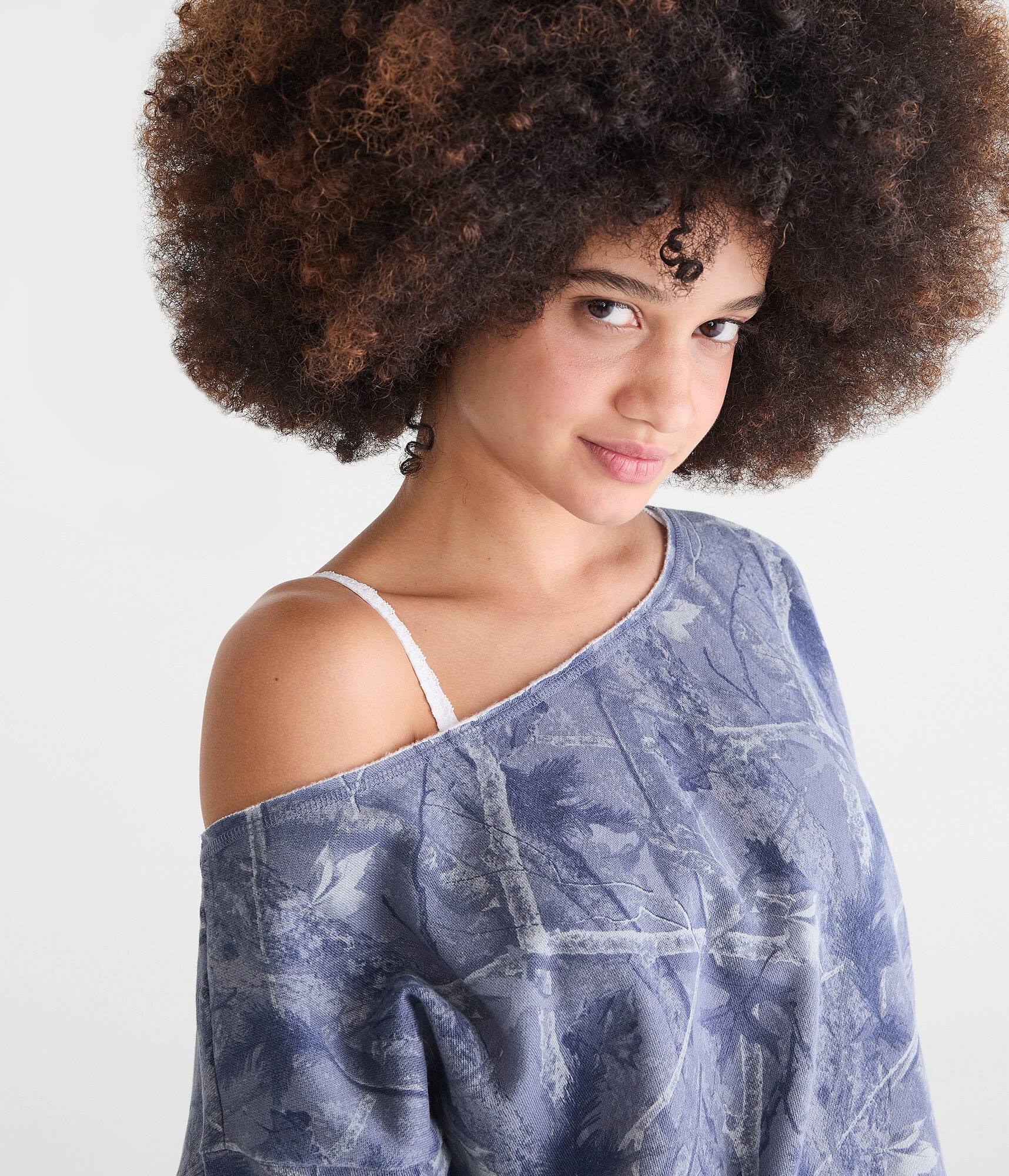 Cloud Soft Forest Camo Off-The-Shoulder Sweatshirt
