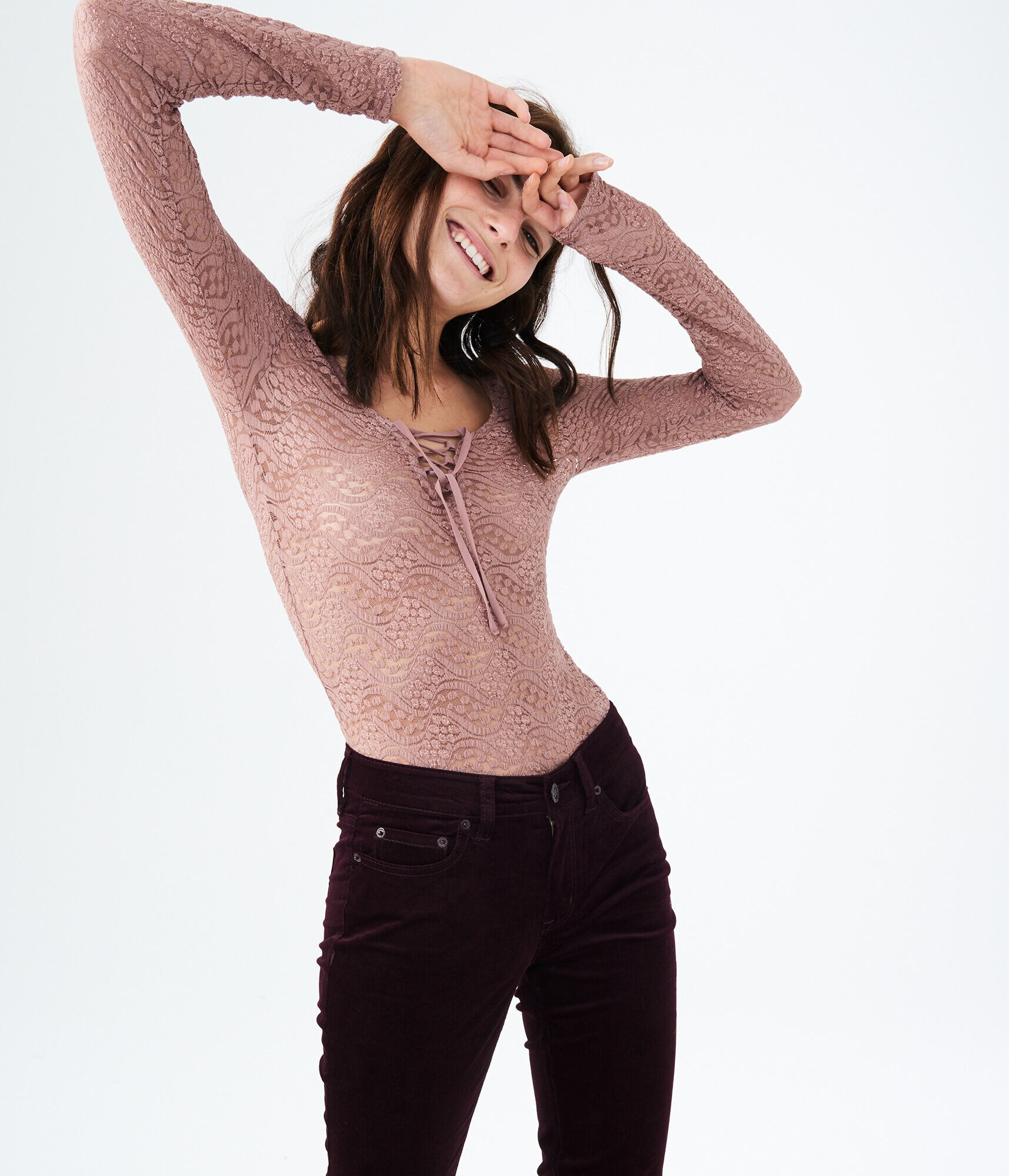 Long Sleeve Sheer Lace Tie-Front Top