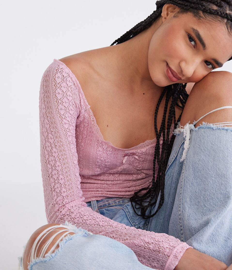 Long Sleeve Ruched Stretch Lace Top