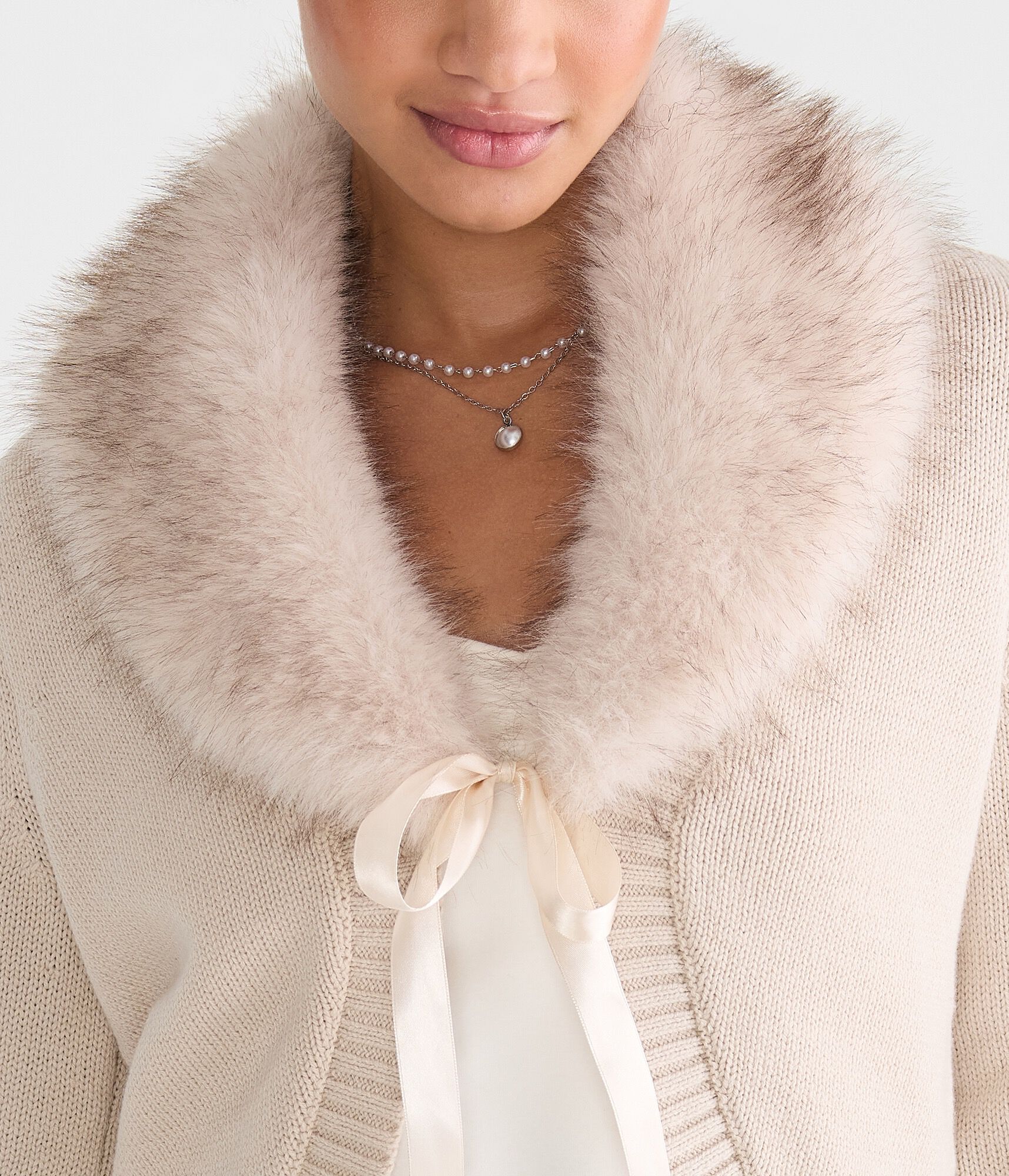 Long Sleeve Faux Fur-Trimmed Sweater Shrug