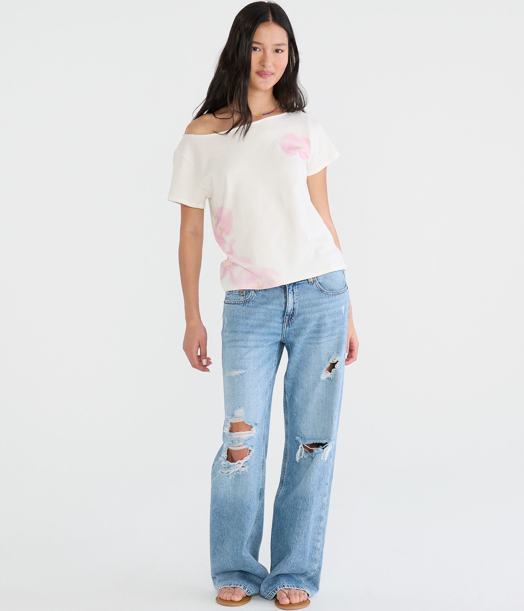 Seriously Soft Faded Flowers Off-The-Shoulder Vintage Fit Tee