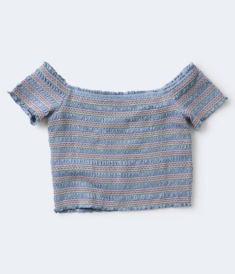 Striped Smocked Off-The-Shoulder Crop Top Striped Smocked Off-The-Shoulder Crop Top