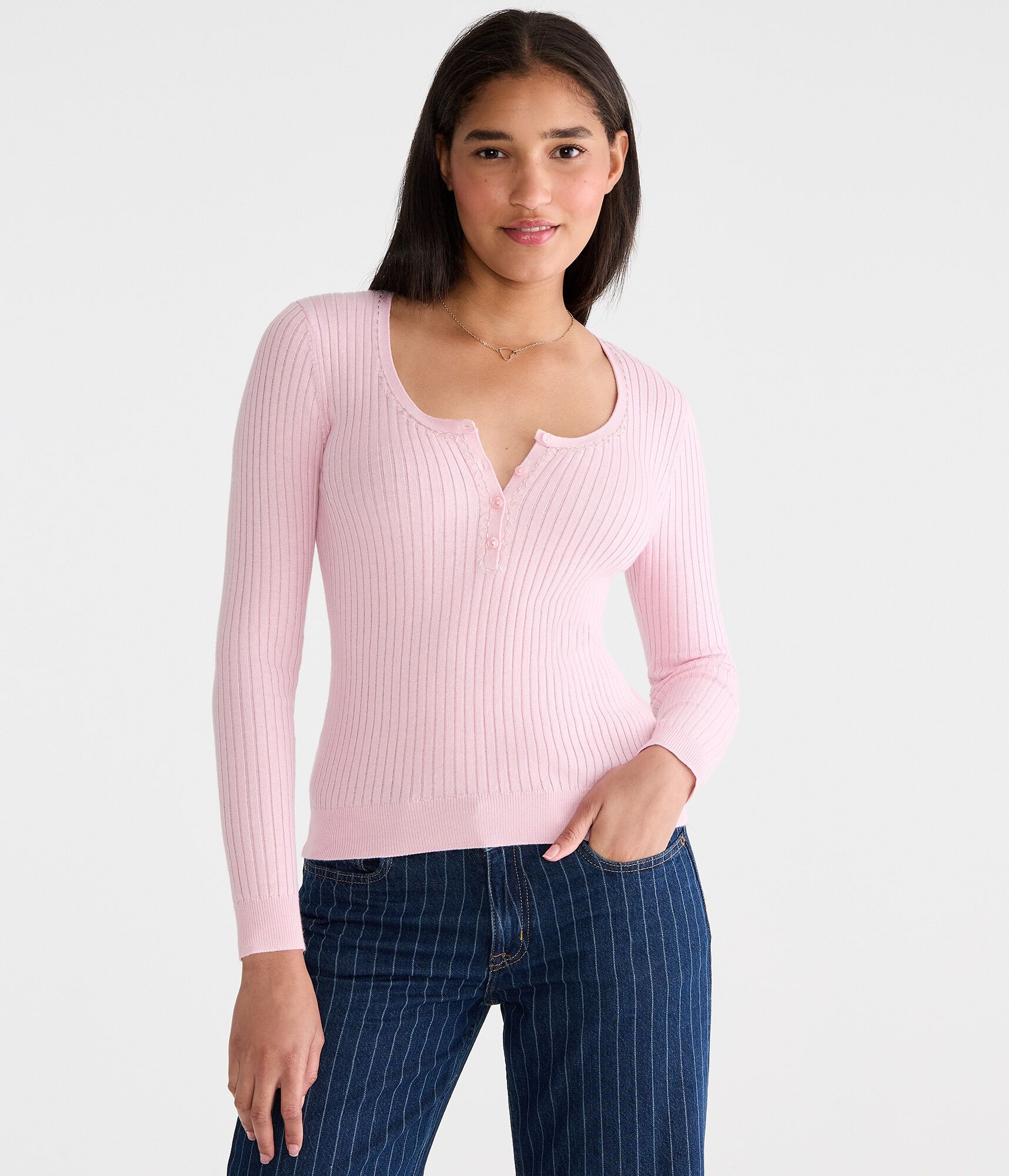 Beaded Ribbed Henley Sweater