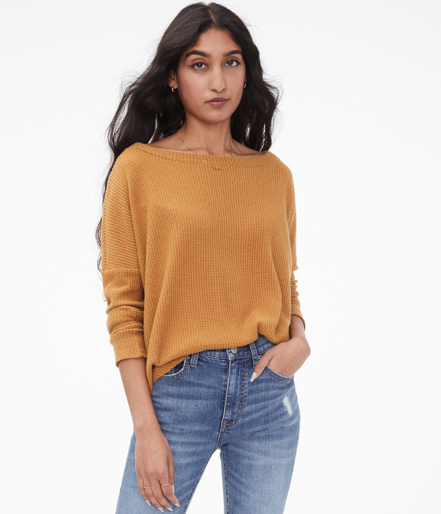 Long Sleeve Waffle-Knit Boat-Neck Top