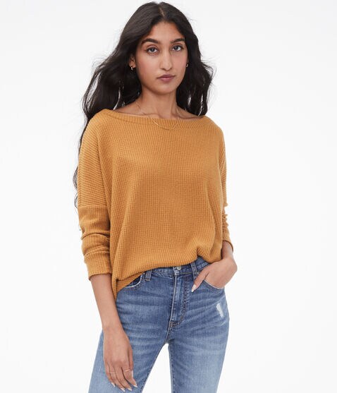 Long Sleeve Waffle-Knit Boat-Neck Top Long Sleeve Waffle-Knit Boat-Neck Top