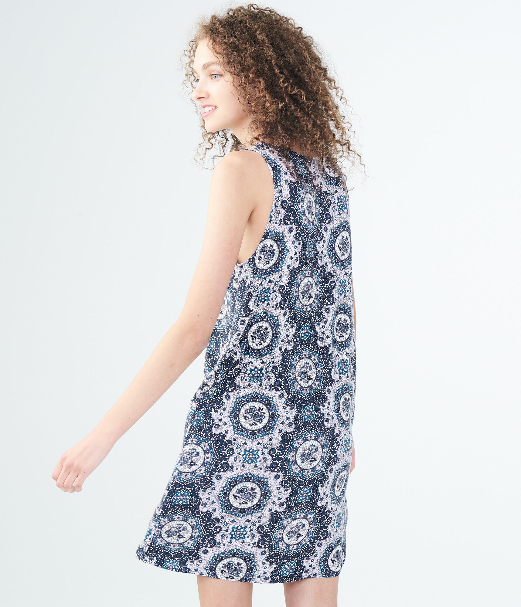 Geometric Print High-Neck Swing Dress