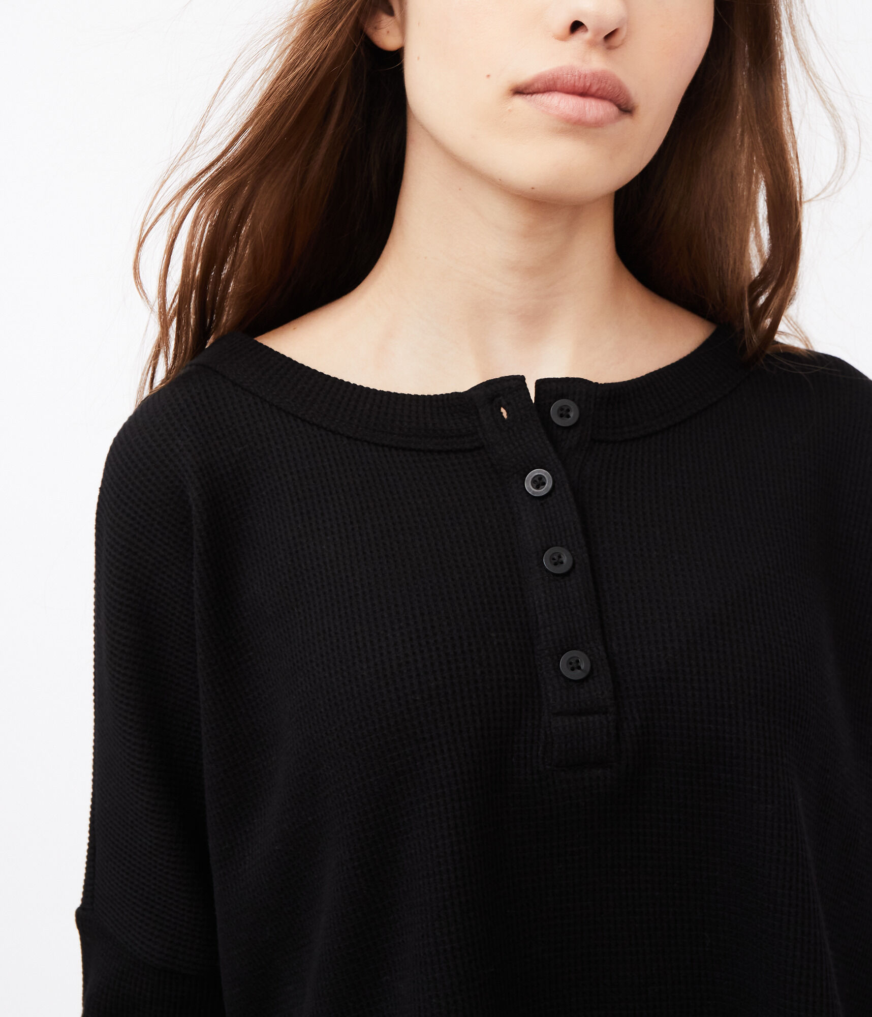 Long Sleeve Boxy Cropped Henley Waffle Tee