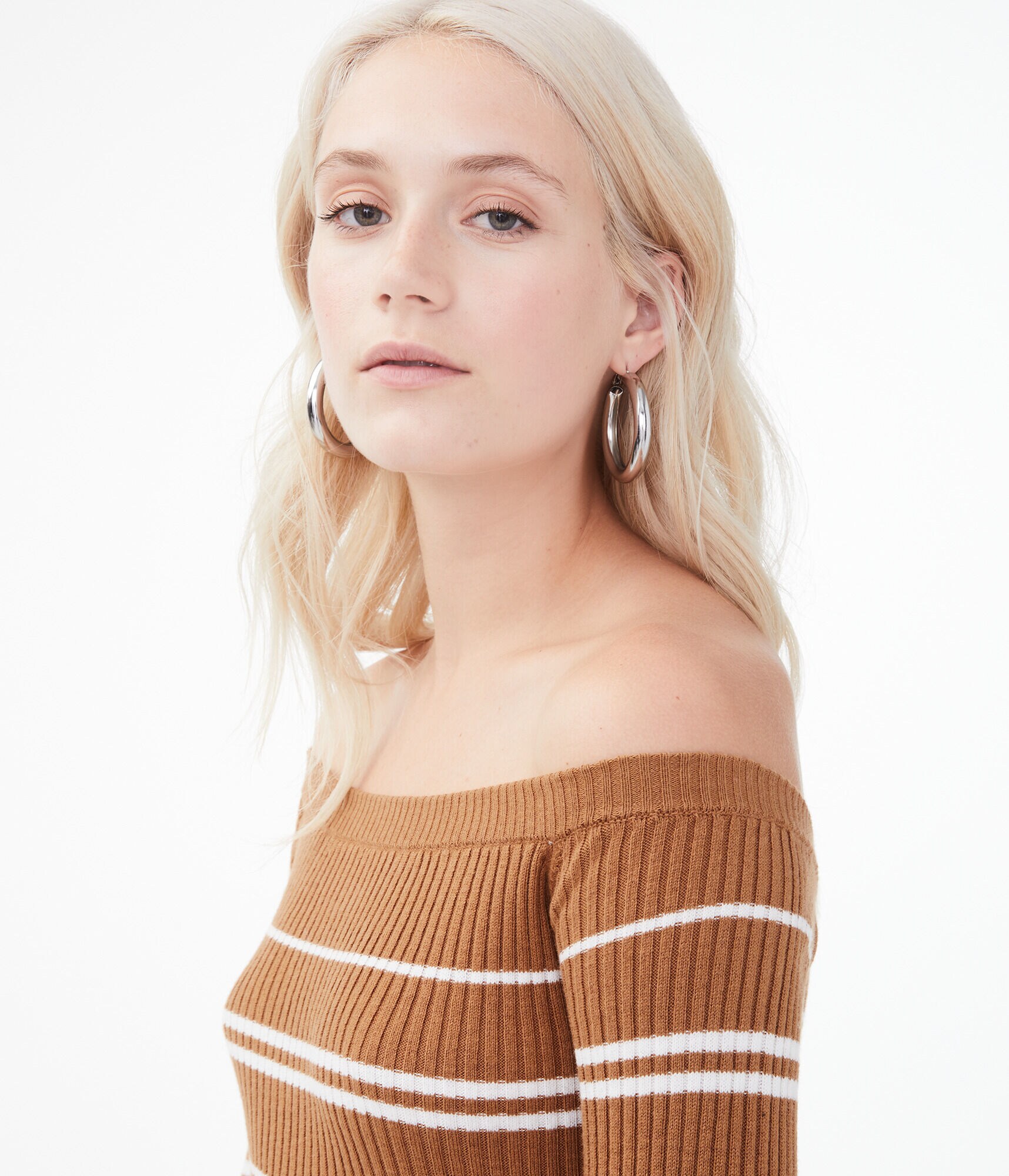 Long Sleeve Striped Off-The-Shoulder Bodycon Top