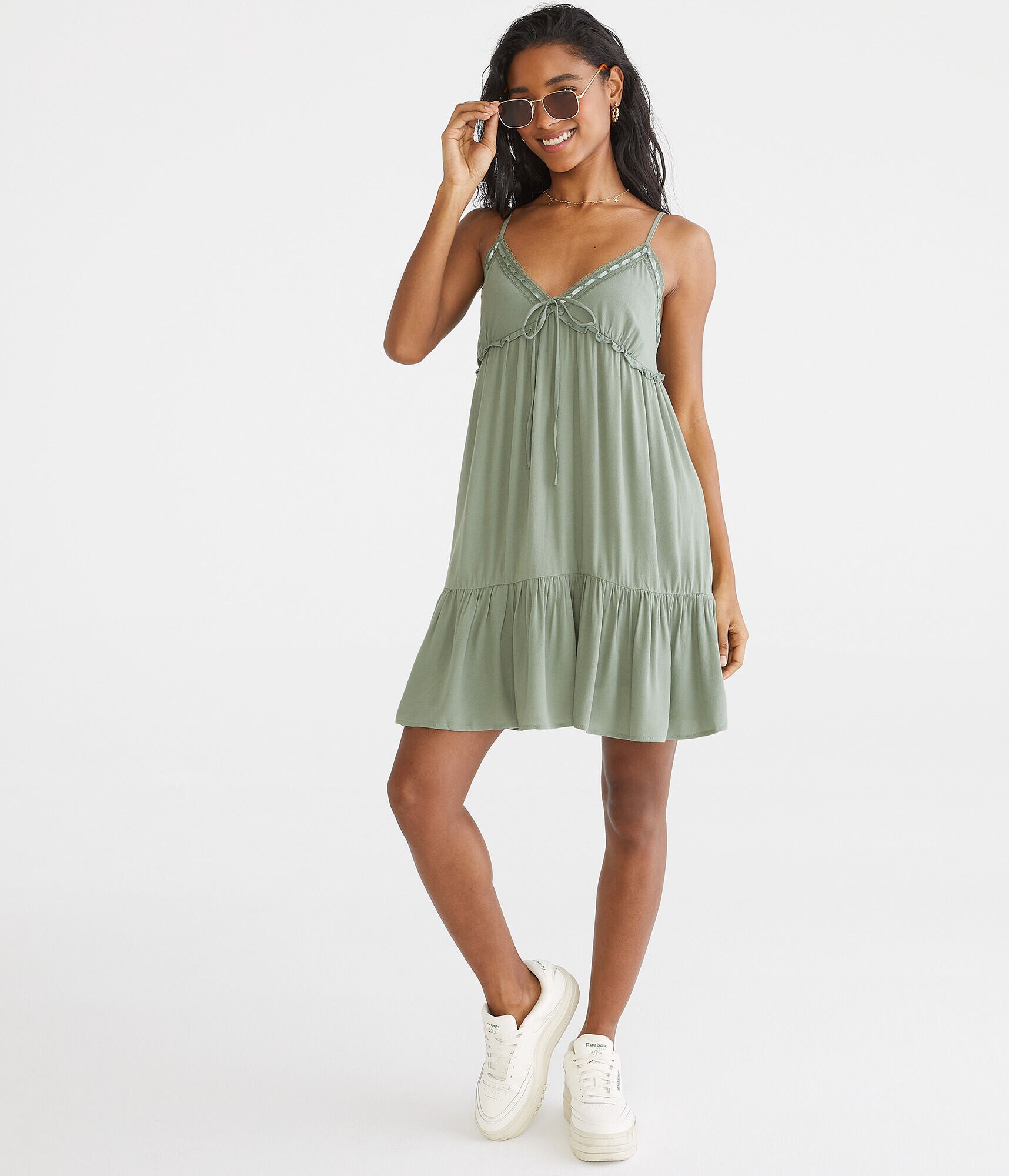 Solid V-Neck Lace-Trimmed Babydoll Dress