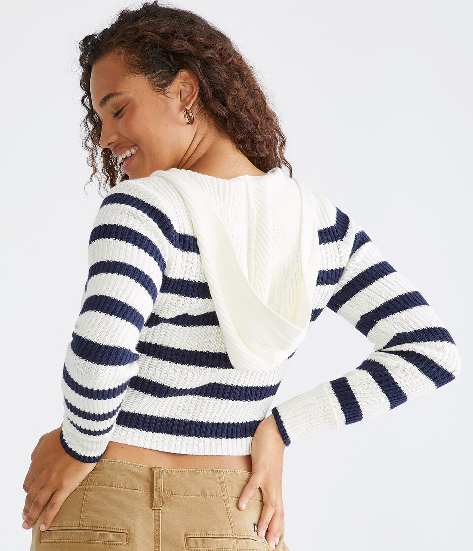 Striped Hooded Cropped Henley Sweater