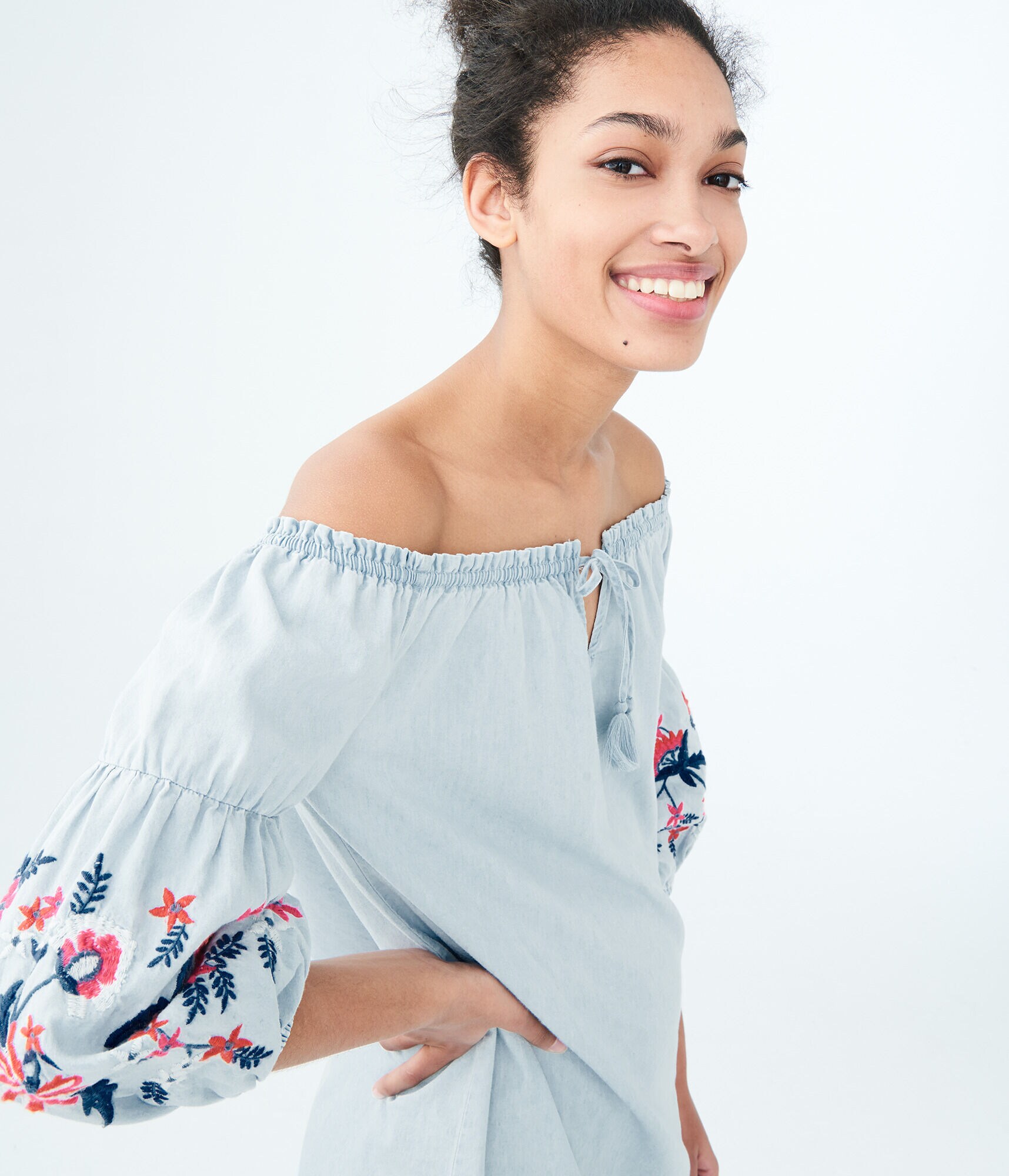 Solid Off-The-Shoulder Embroidered Chambray Shift Dress