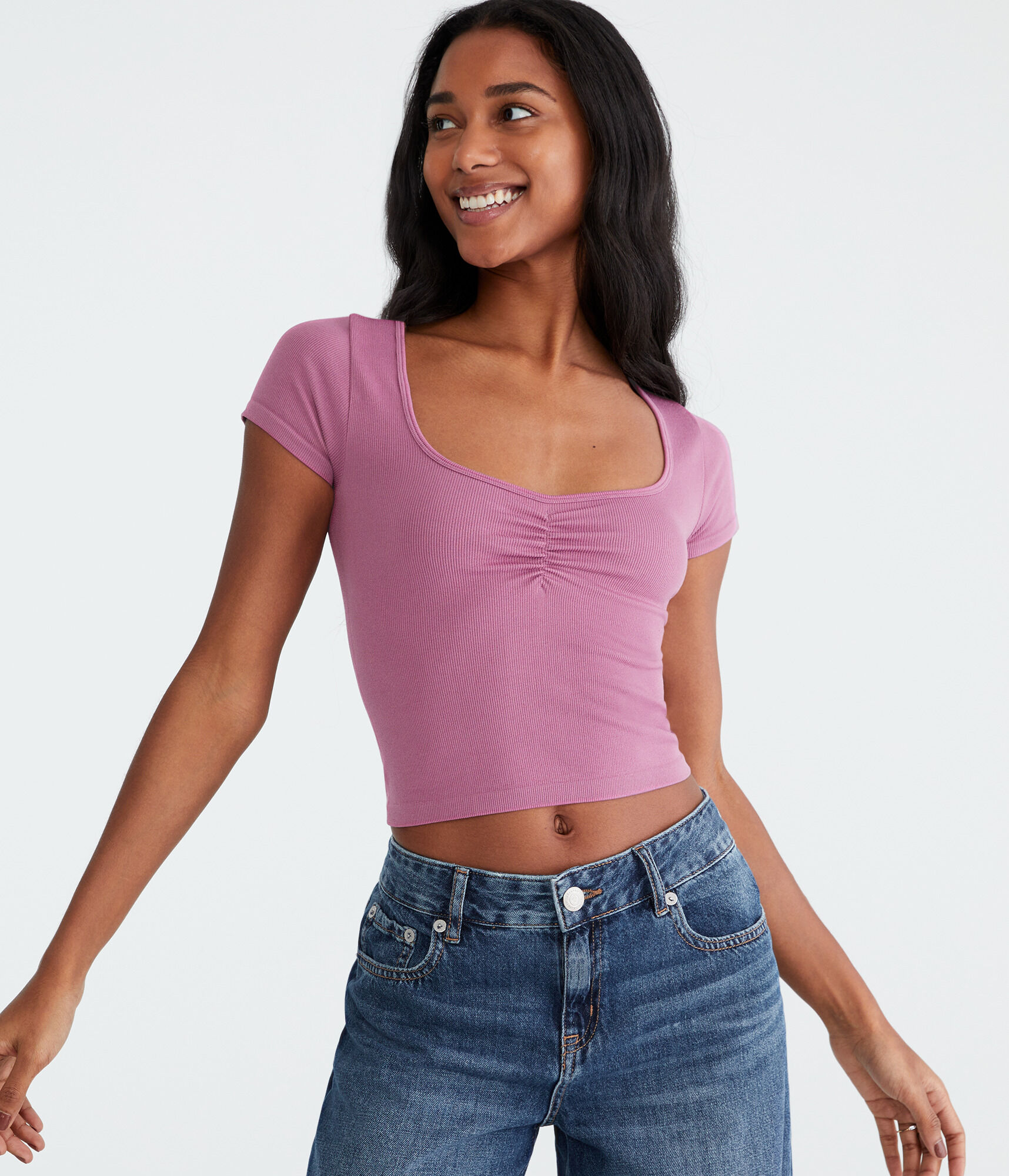 Buttery Soft Cropped Cinch-Front Tee
